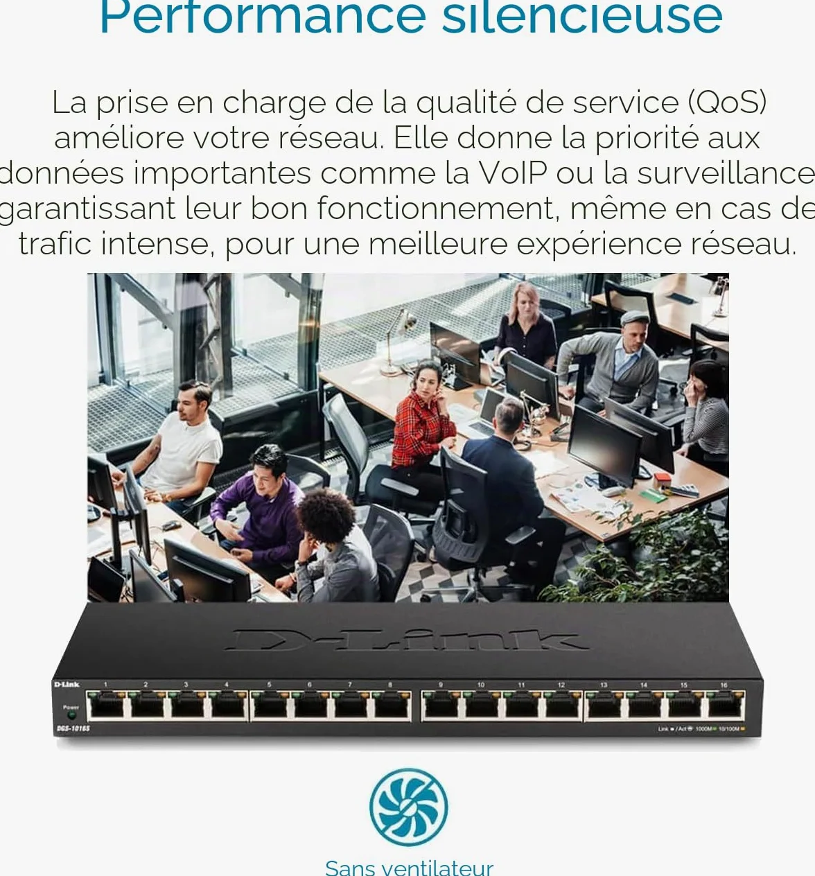 D-Link DGS-1016S Commutateur Gigabit Non géré à 16 Ports, sans Ventilateur, Profil Bas, boîtier en métal, Montage Mural/de Bureau, Plug-and-Play, QoS 802.1p, 802.3az EEE Noir DGS-1016S