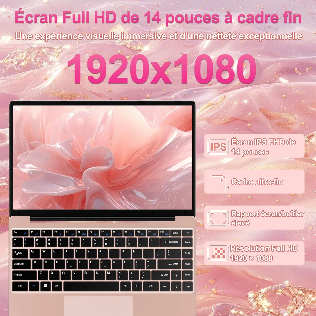 bvate Ordinateur Portable 14" 256 Go Win 11 N4020 Support Expansion 1 to SSD 1080P 2.4G+5G WiFi Mini HDMI & Souris sans Fil et Un Film de Clavier AZERTY pour Clavier - Or Rose