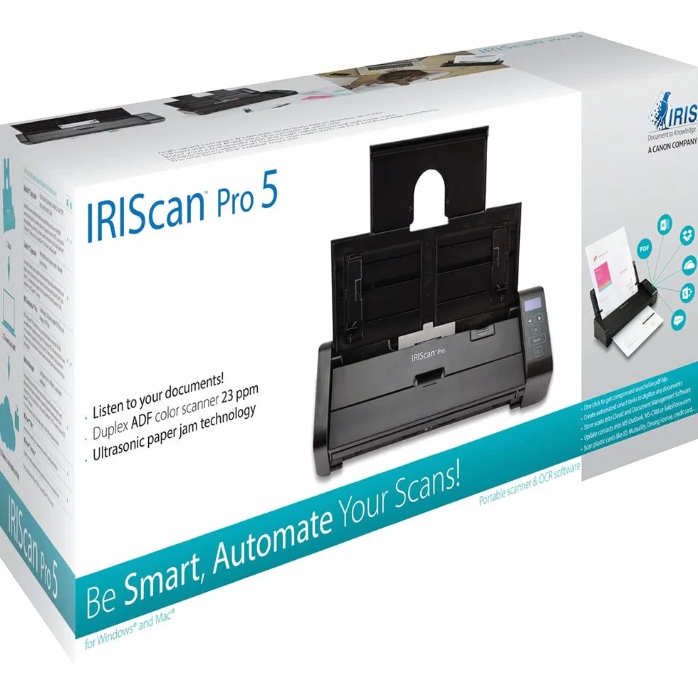 IRIScan Pro 5 Scanner Document : 20PPM | ADF 20 Pages | Scanner Portable | OCR 138 Langues | Scan to PDF/Word/JPG/Tiff | Carte Visite dans Outlook | USB+AC | Noir | WinMac