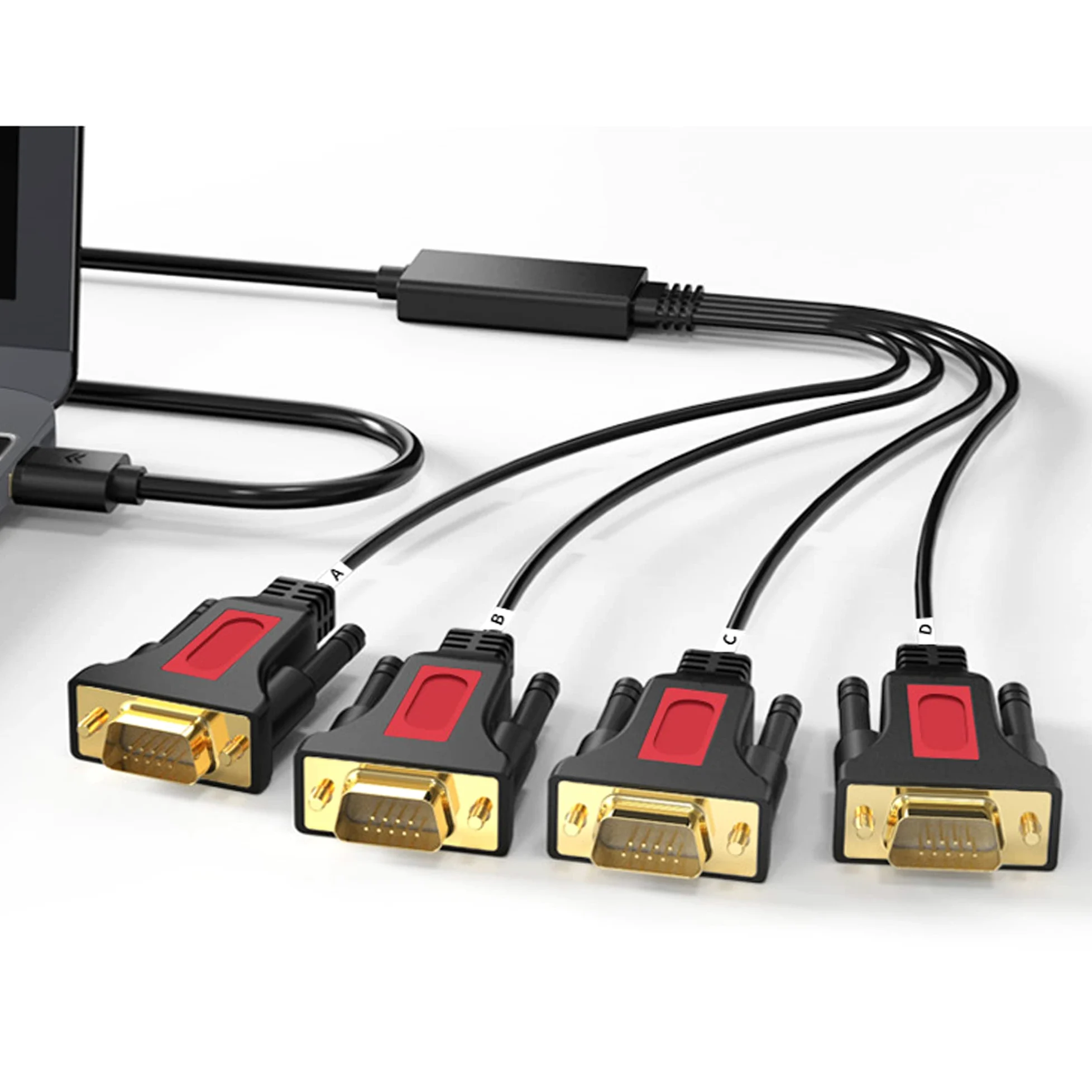 Câble adaptateur 4 ports USB vers RS232 DB9 série (9 broches) 1,5 m compatible avec Mac OS, Windows, Android, Linux (4 ports)