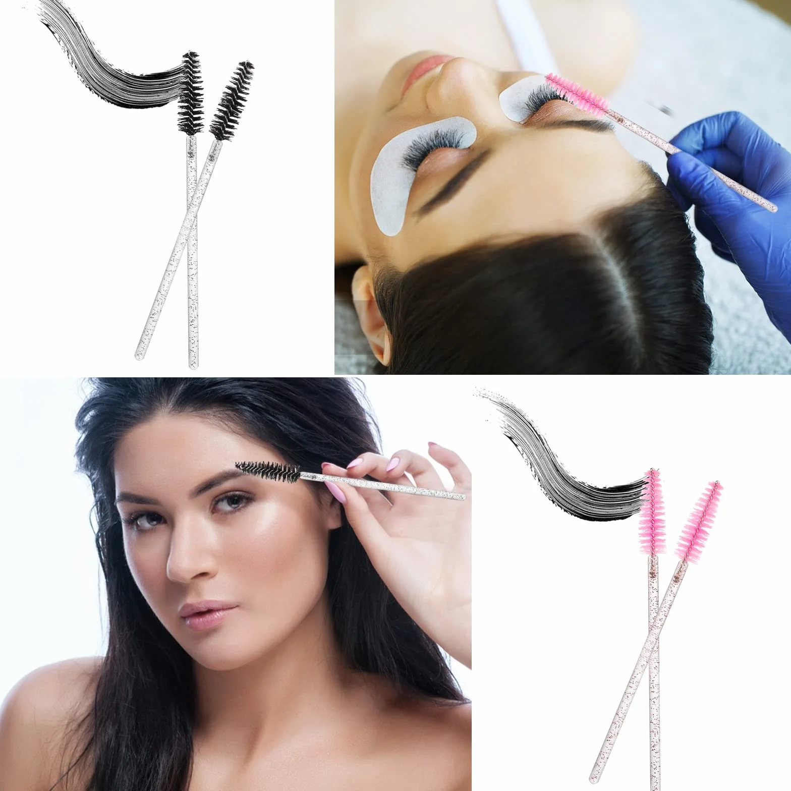 Brosses à Cils Jetables Lot de 100, Goupillon Cils avec Poignée en Cristal, Applicateur Maquillage Cils (Rose, Noir)