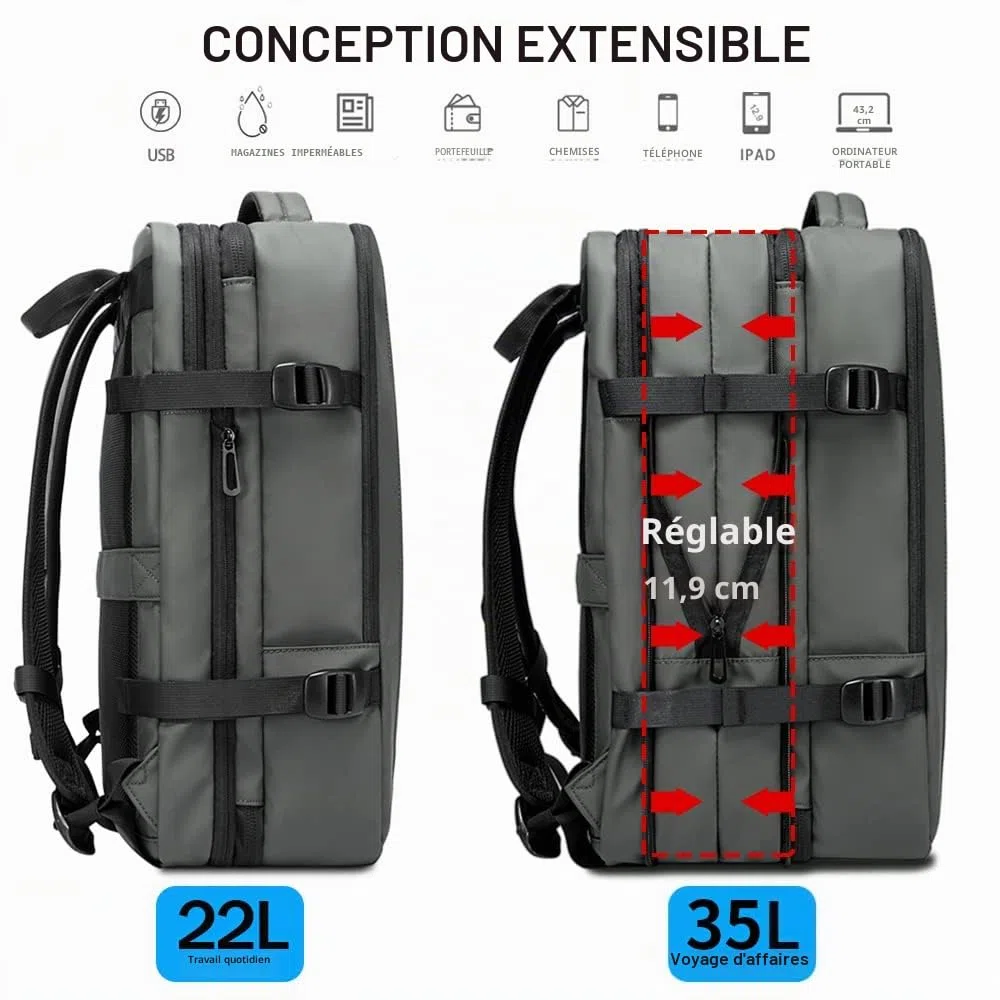 BANGE Sac à dos de voyage extensible de 35 l pour homme et femme, approuvé par les compagnies aériennes, sac à dos de sport imperméable pour ordinateur portable