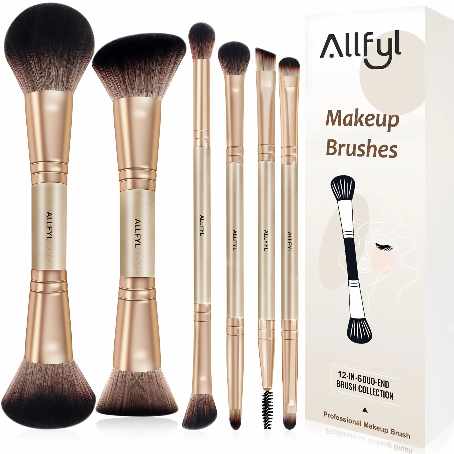 Lot de 6 pinceaux de maquillage professionnels double extrémité avec boîte cadeau