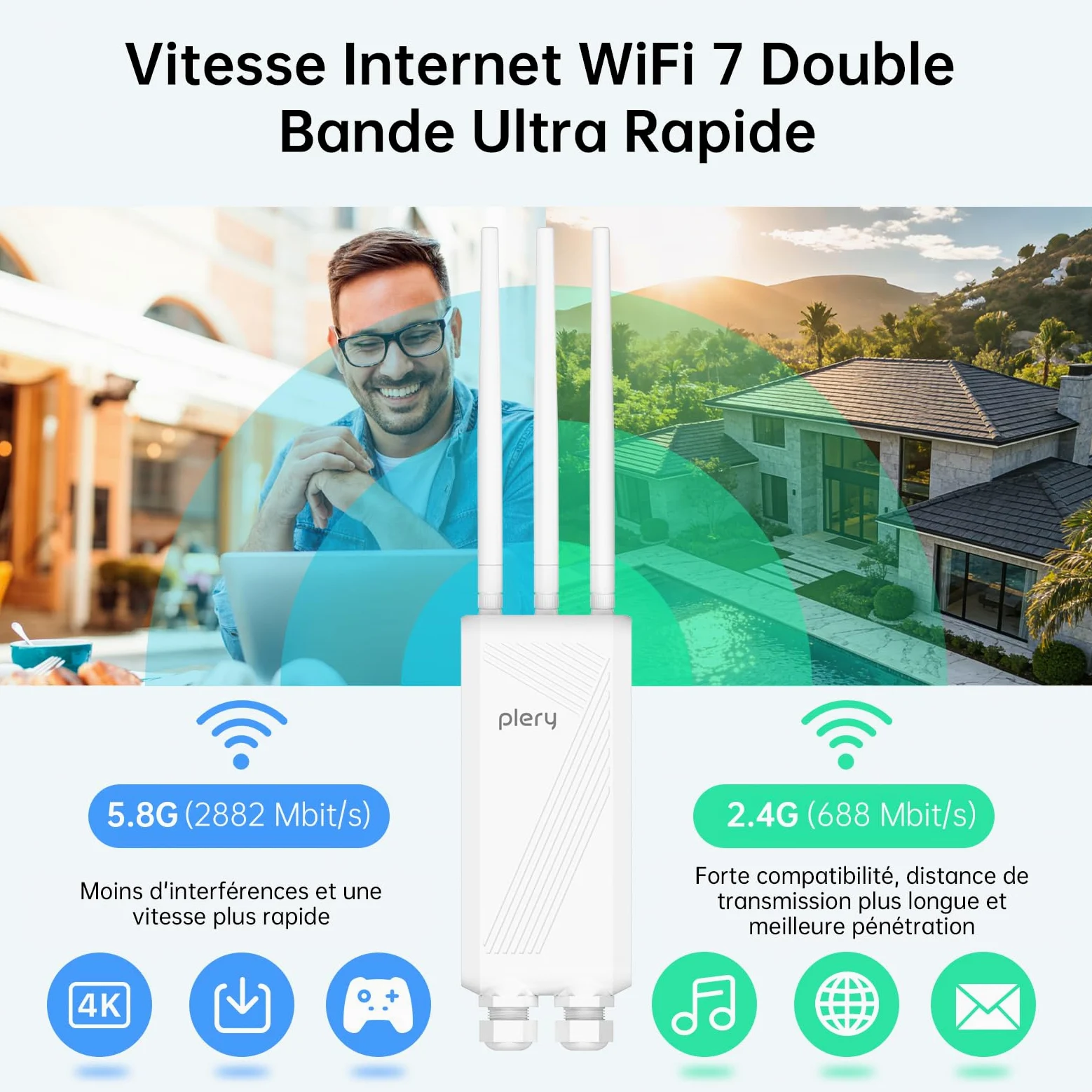 BE3600 Repeteur WiFi 7 Exterieur Point d'accès Extérieur avec POE | Double Bande 5GHz/2.4GHz Gigabit Port Répéteur WiFi Puissant Amplificateur Extérieur 3 * 5dBi Antenne WiFi Longue Portée WPA3