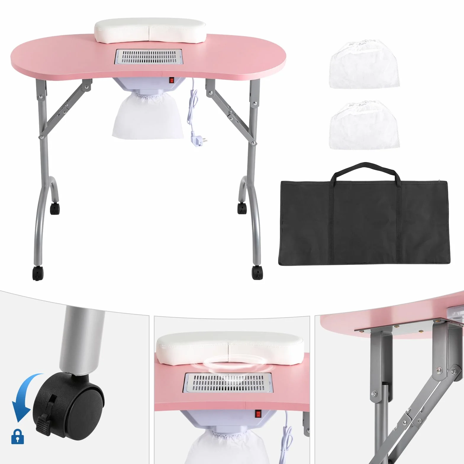 Table de manucure pliable avec roulettes, aspirateur et repose-poignet - Rose