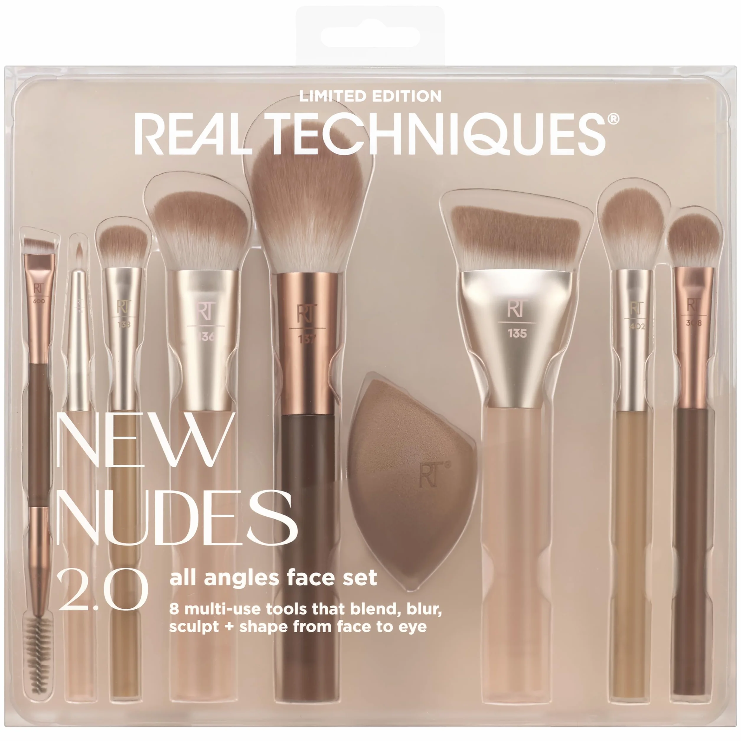 Real Techniques New Nudes 2.0 All Angles Face 10 Piece Set, Makeup Brushes & Sponge, Foundation, Concealer, Blush, Eyeshadow