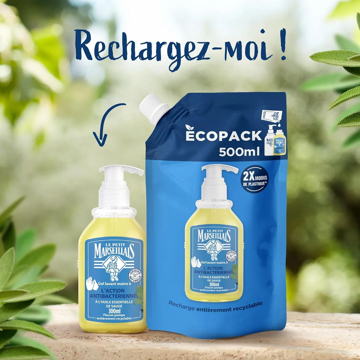 Le Petit Marseillais Recharge Gel Lavant Mains Antibactérien 500 ml – Savon Liquide pour Flacon-Pompe à l’Huile Essentielle de Sauge
