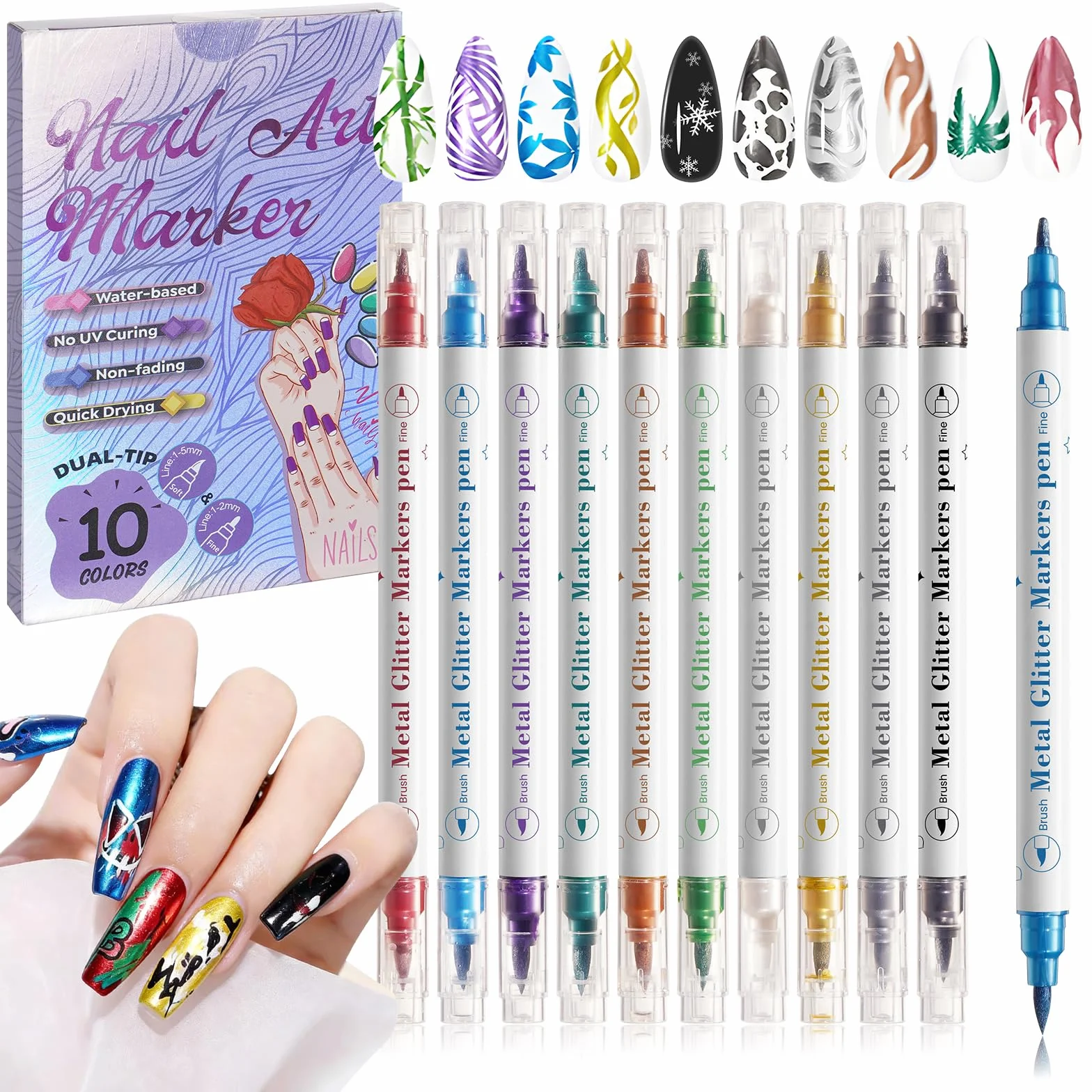 Stylos Nail Art 3D Double Pointe Métallique Vernis à Ongles Graffiti Pointe Fine Séchage Rapide 10 Couleurs