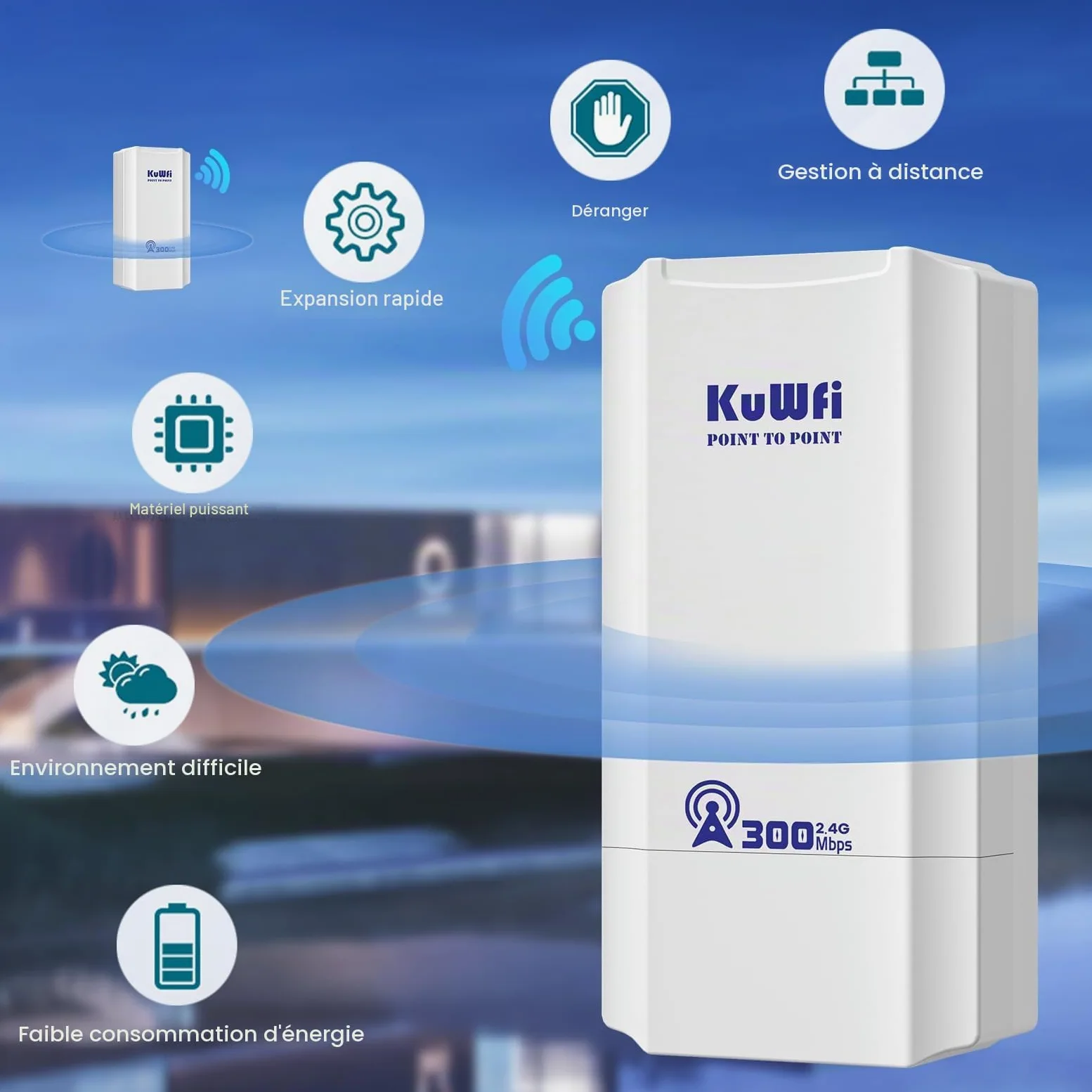 Point d'accès externe, pont sans fil KuWFi 2,4 GHz 300 Mbps, antenne Wi-Fi externe 8 dBi CPE avec écran LED pour la configuration WDS PT/PTMP, Wi-Fi point à point longue portée 1 km pour routeur/camér