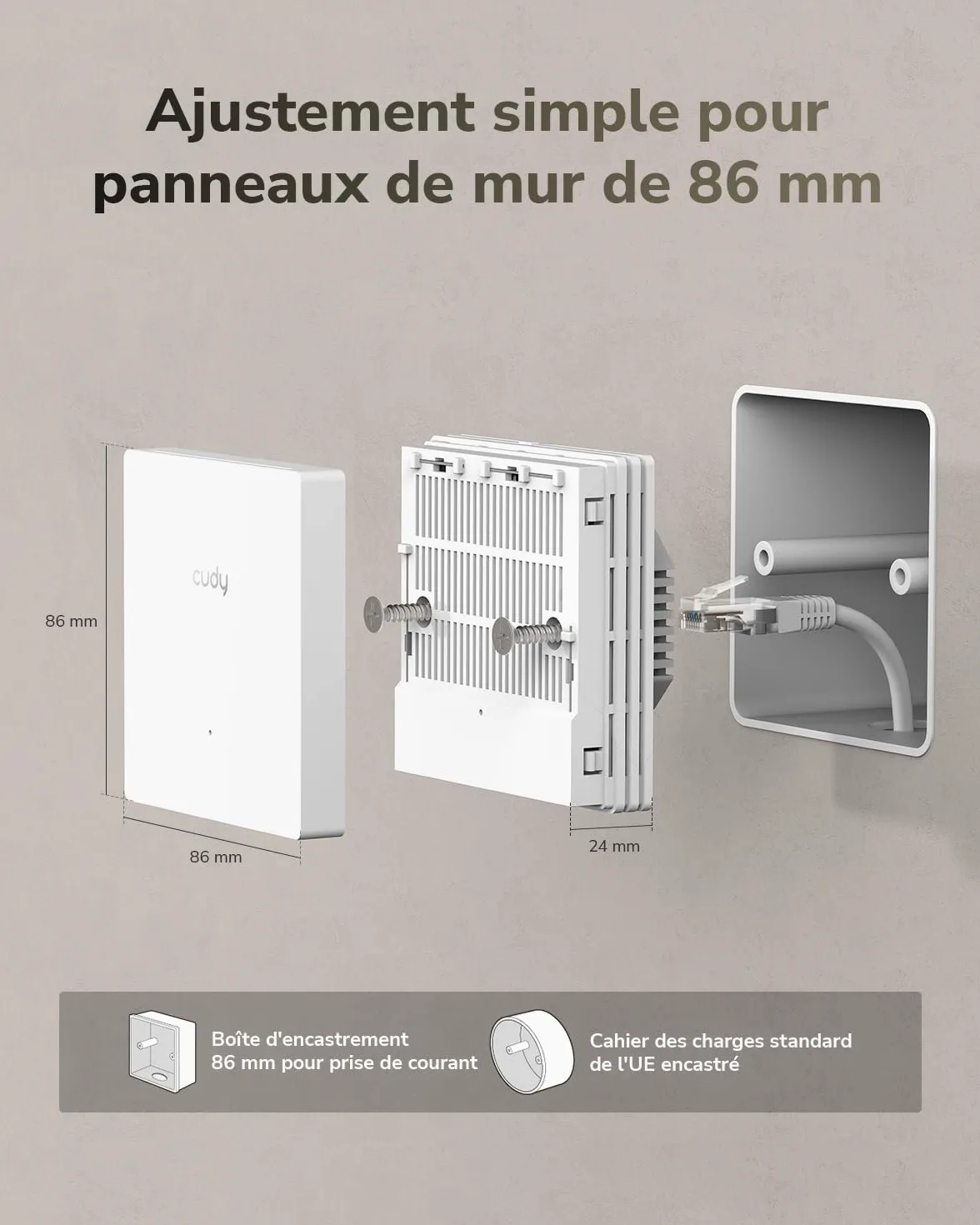 Cudy AX3000, Point d'accès WiFi 6 Mural, 2,5 GbE PoE, AP3000E Wall | 2402 + 574 Mbps, 540 pieds carrés, plus de 60 clients, alimentation conforme à la norme IEEE IEEE 802.3at, portail captif