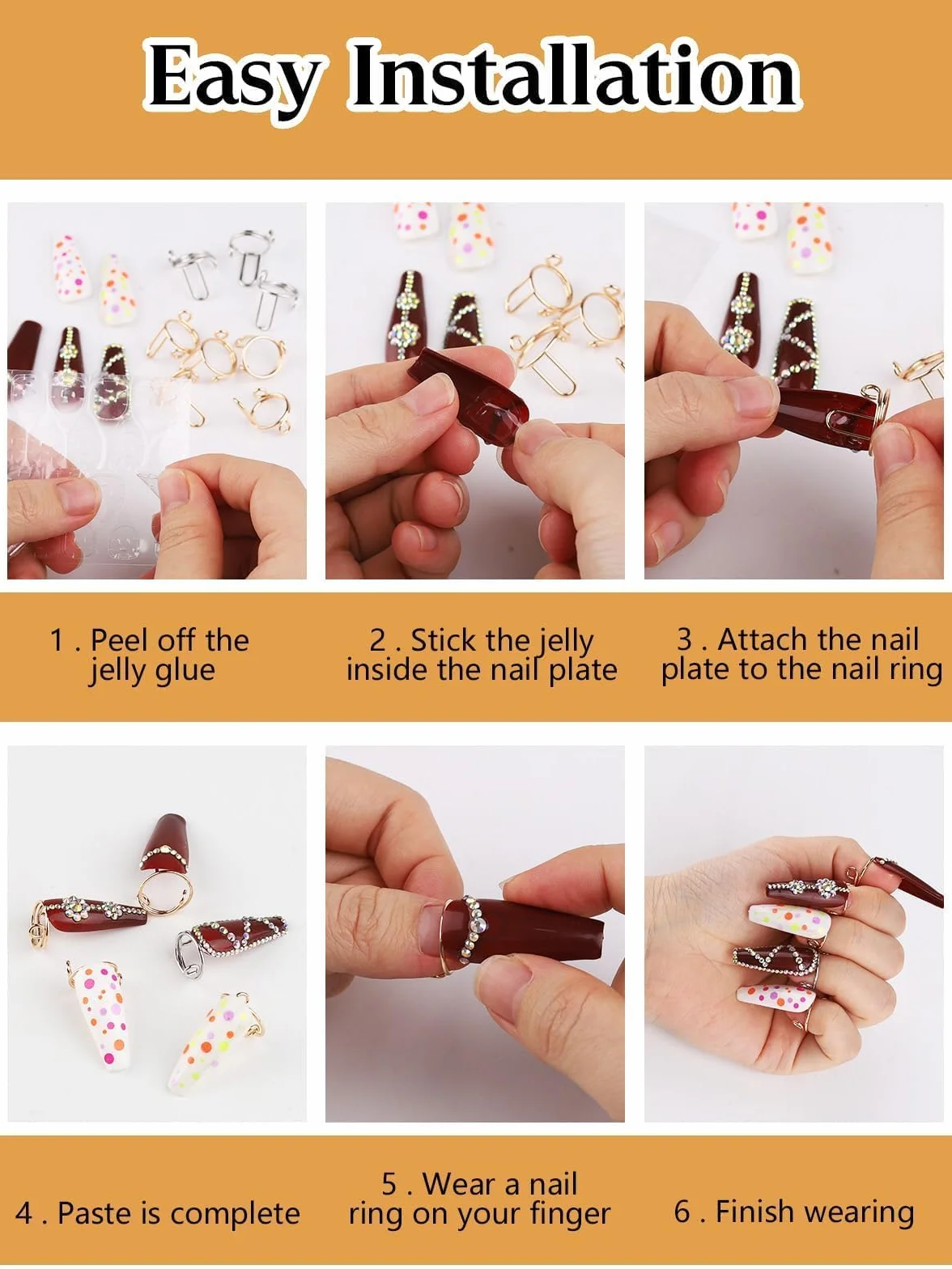 Bague à Ongles Réglables pour Acryliques, Métal Fingernail Rings pour Faux Ongles, Décoration Nail Art (Or et Argent)