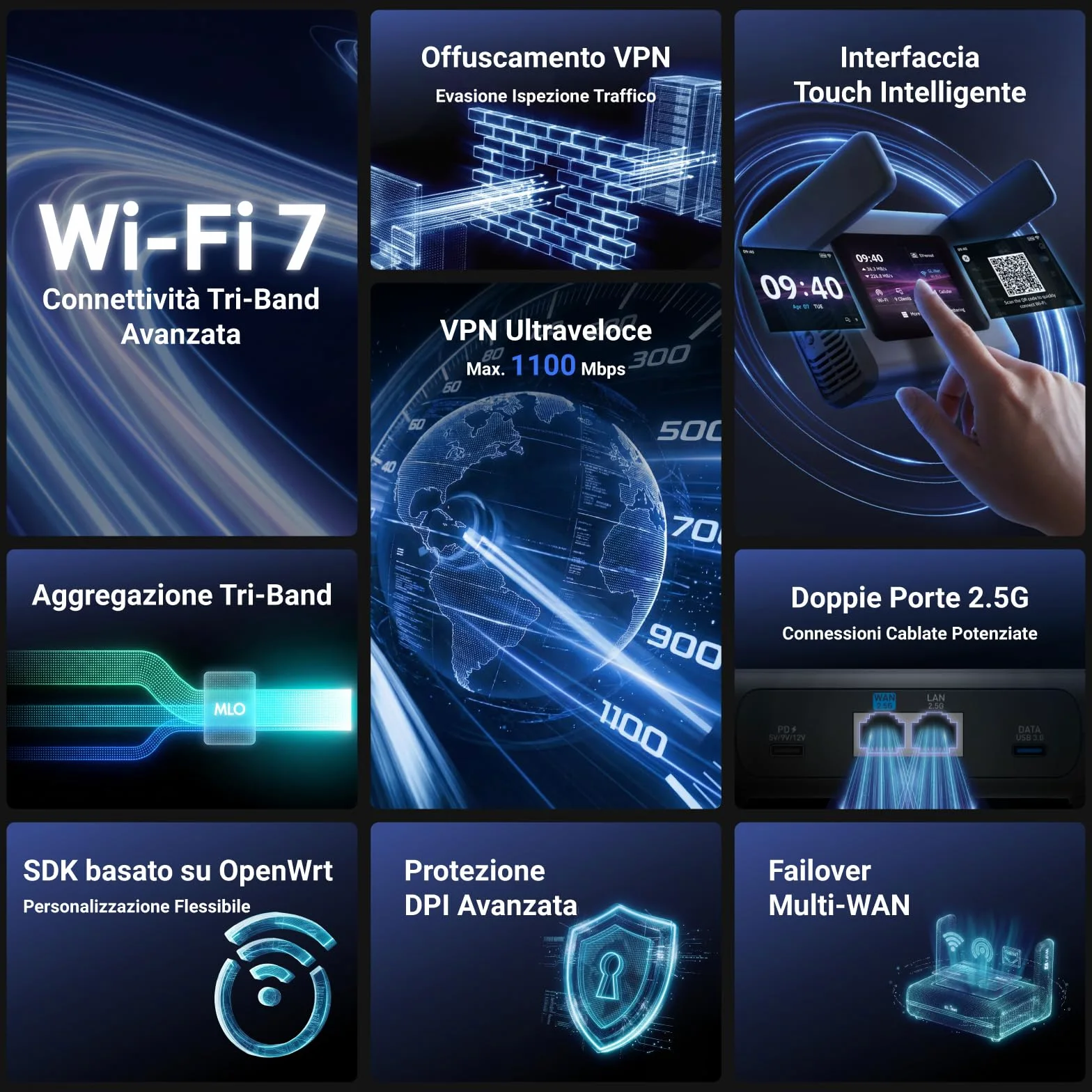GL.iNet GL-E5800 EU MUDI 7 Routeur de Voyage 5G Wi-FI 7 tri-Bande avec eSIM & GL.iNet Slate 7 Pro (GL-BE10000) Routeur de voyage Wi-Fi 7 tri-bande – 6 GHz 5,7 Gbit/s, MLO, écran tactile 2,8", VPN Wire