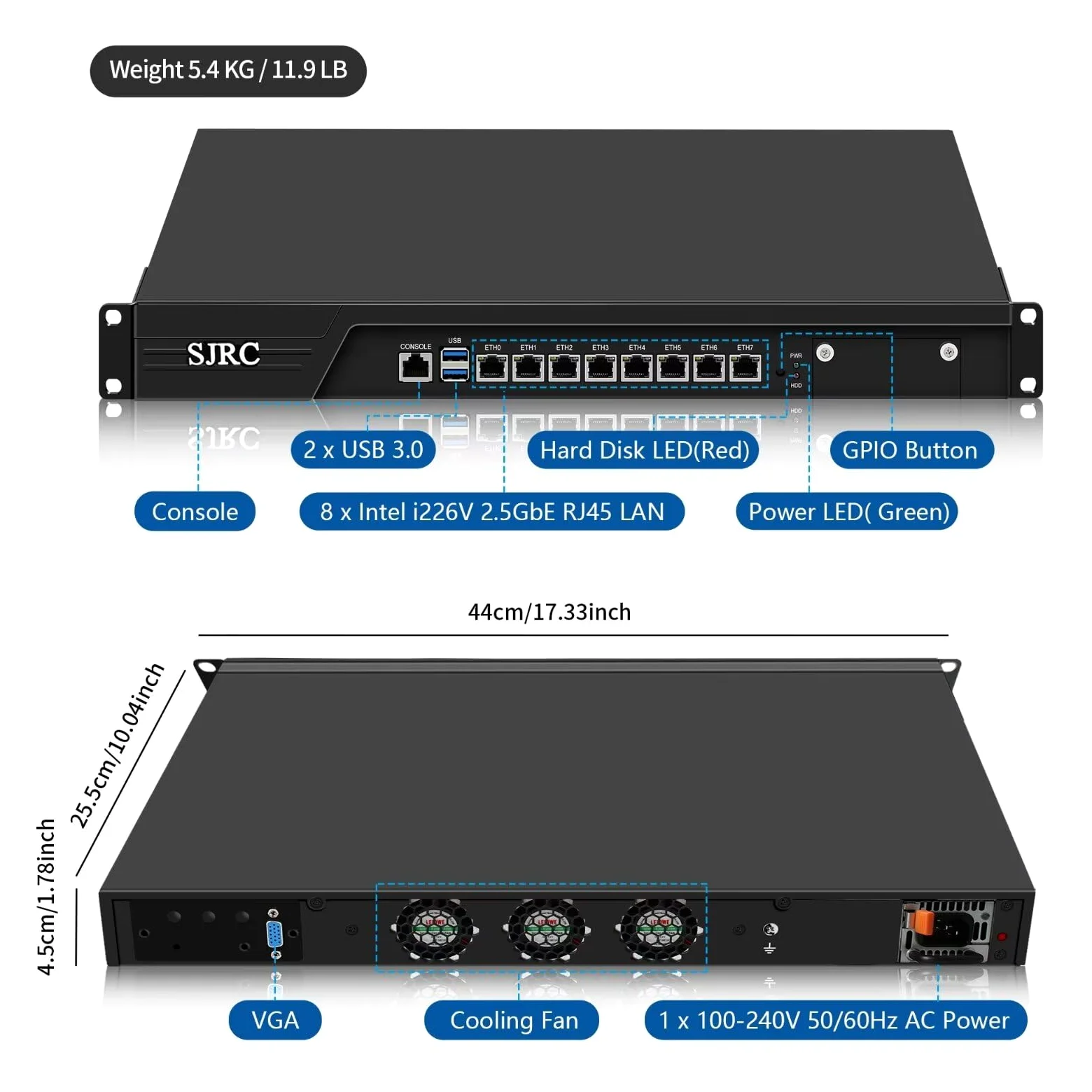SJRC Pare-feu 19" Core i7 7700, LGA 1151, routeur PC 1U pour serveur VPN, rack 19" OPNsense Appliance avec 8 x i226V 2.5GbE LAN, DDR4 16 Go de RAM 256 Go SSD, VGA