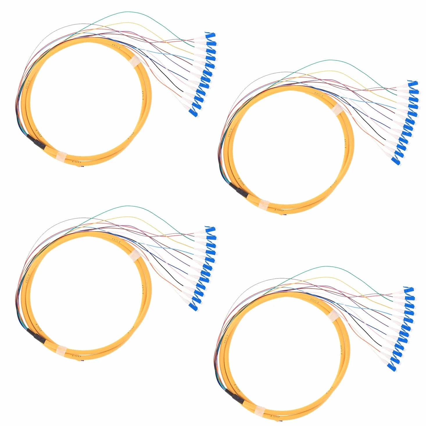 Lot de 4 câbles de raccordement en fibre optique LC-UPC 12 brins monomode 9/125 LC-UPC de 1,5 m, 12 couleurs avec virole en céramique de zircone pour épissure par fusion