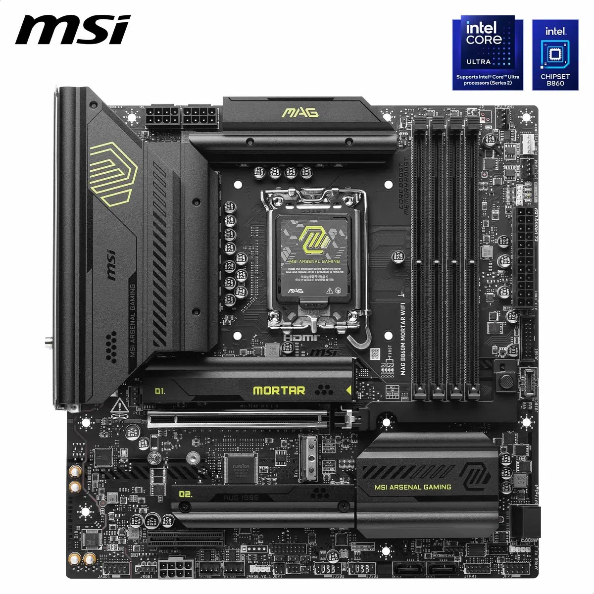 MAG B860M Carte mère WiFi mortier mATX - Prend en charge les processeurs Intel Core Ultra (série 2), LGA 1851 - DDR5 Memory Boost 9200+ MT/s OC, 1 x PCIe 5.0 x16, 1 x M.2 Gen5, 5G LAN, Wi-Fi 7