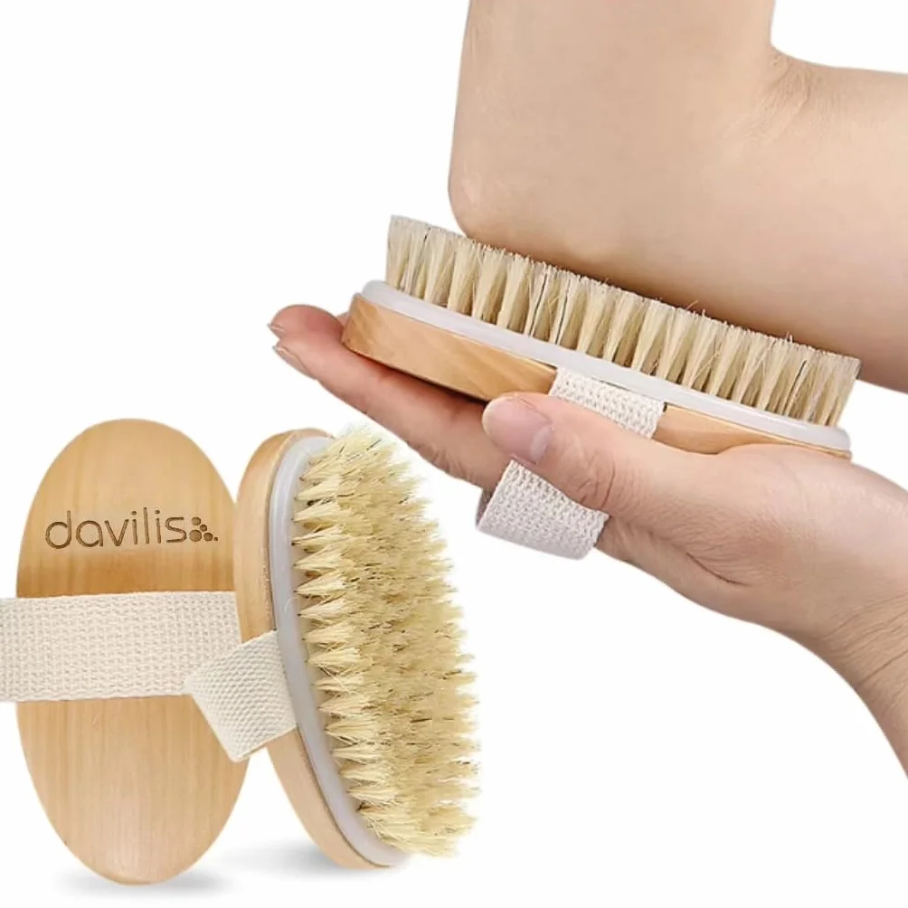 Davilis Brosse pour le corps exfoliant en bois poils naturels élimine cellulite peau morte drainage lymphatique circulation