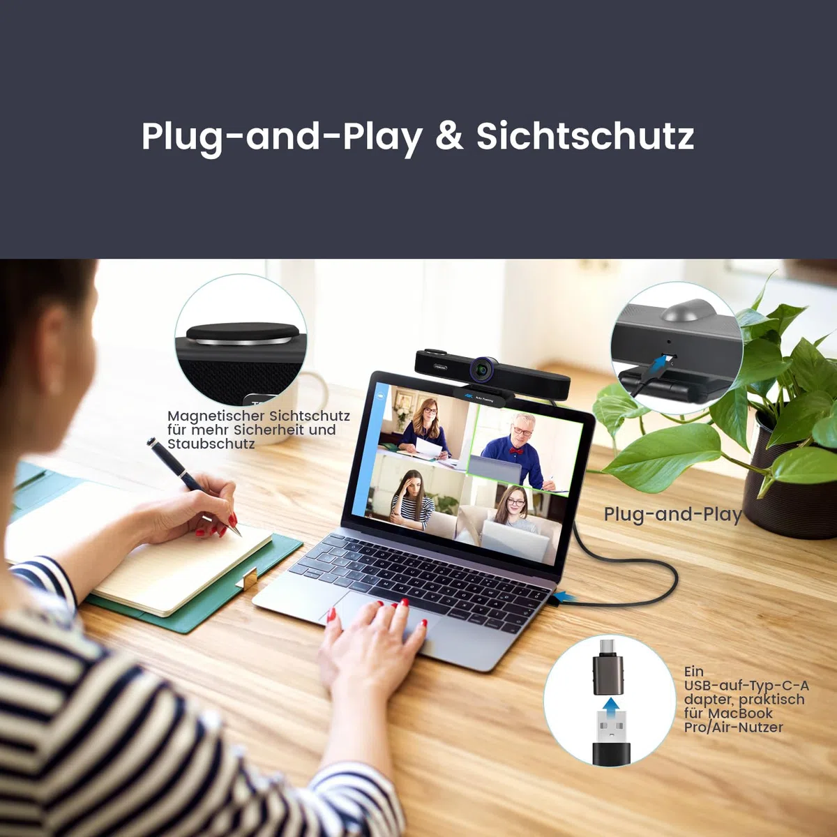 TONGVEO KI Webcam 4K à suivi automatique avec microphones et haut-parleurs, zoom numérique 5x, caméra Web ePTZ avec télécommande et deux microphones, webcam de conférence pour zoom, Skype, OBS