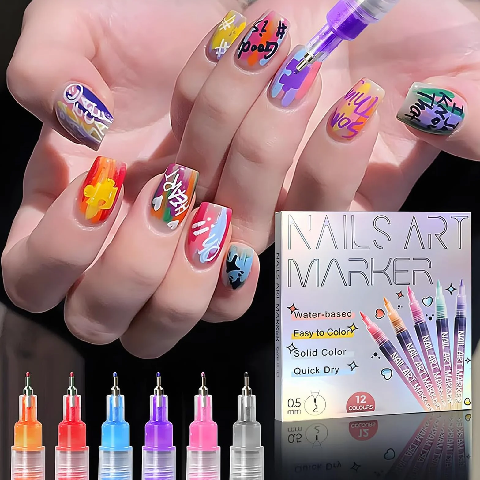 Stylo Dessin Ongles Set 12 Couleurs Marqueur Nail Art à Base d'Eau Pointe Fine DIY