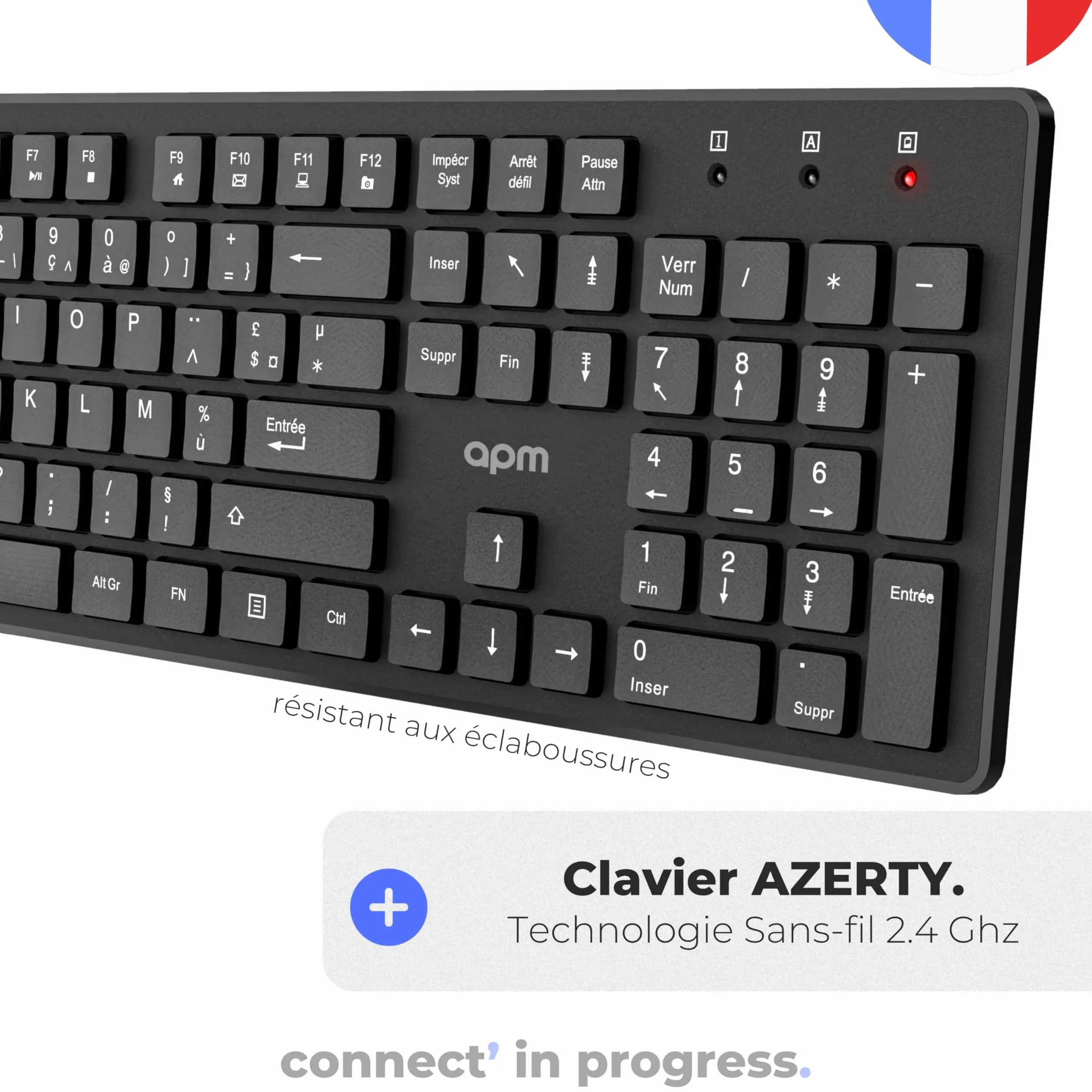 APM Clavier Sans-Fil AZERTY 2.4GHz 105 Touches Ergonomiques Compatible PC Portable MacOS Windows Linux
