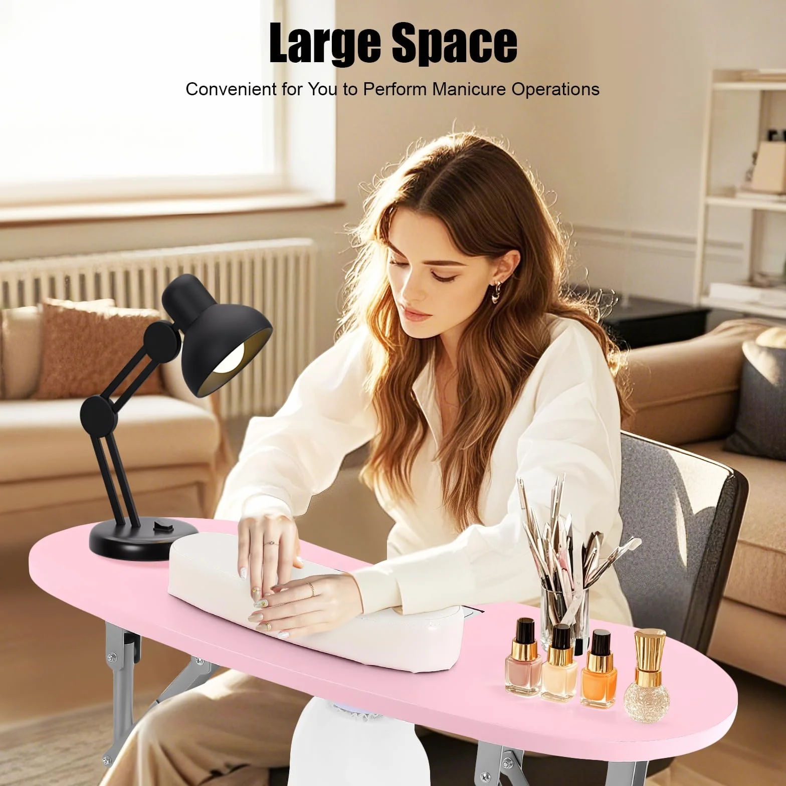 Table de manucure pliable avec roulettes, aspirateur et repose-poignet - Rose