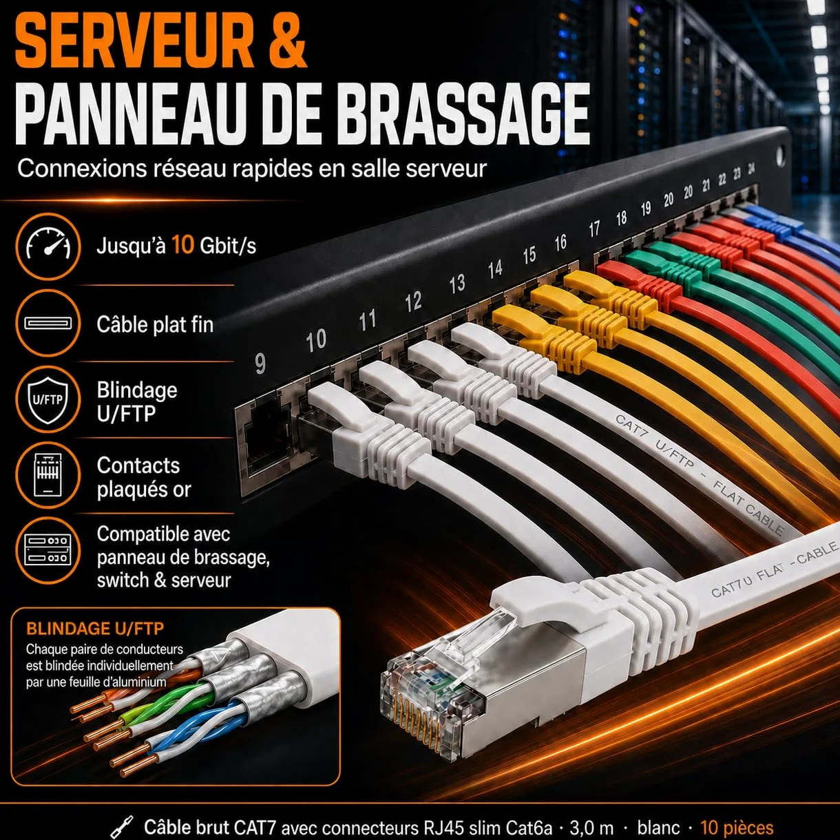 10x Câble Ethernet CAT7 plat 10m U/FTP 10 Gbit/s fiches RJ45 Cat6a rouge | Câble réseau LAN plat, flexible, LSZH pour box Internet, routeur, switch, PC, TV, console, modem, NAS et panneau de brassage.