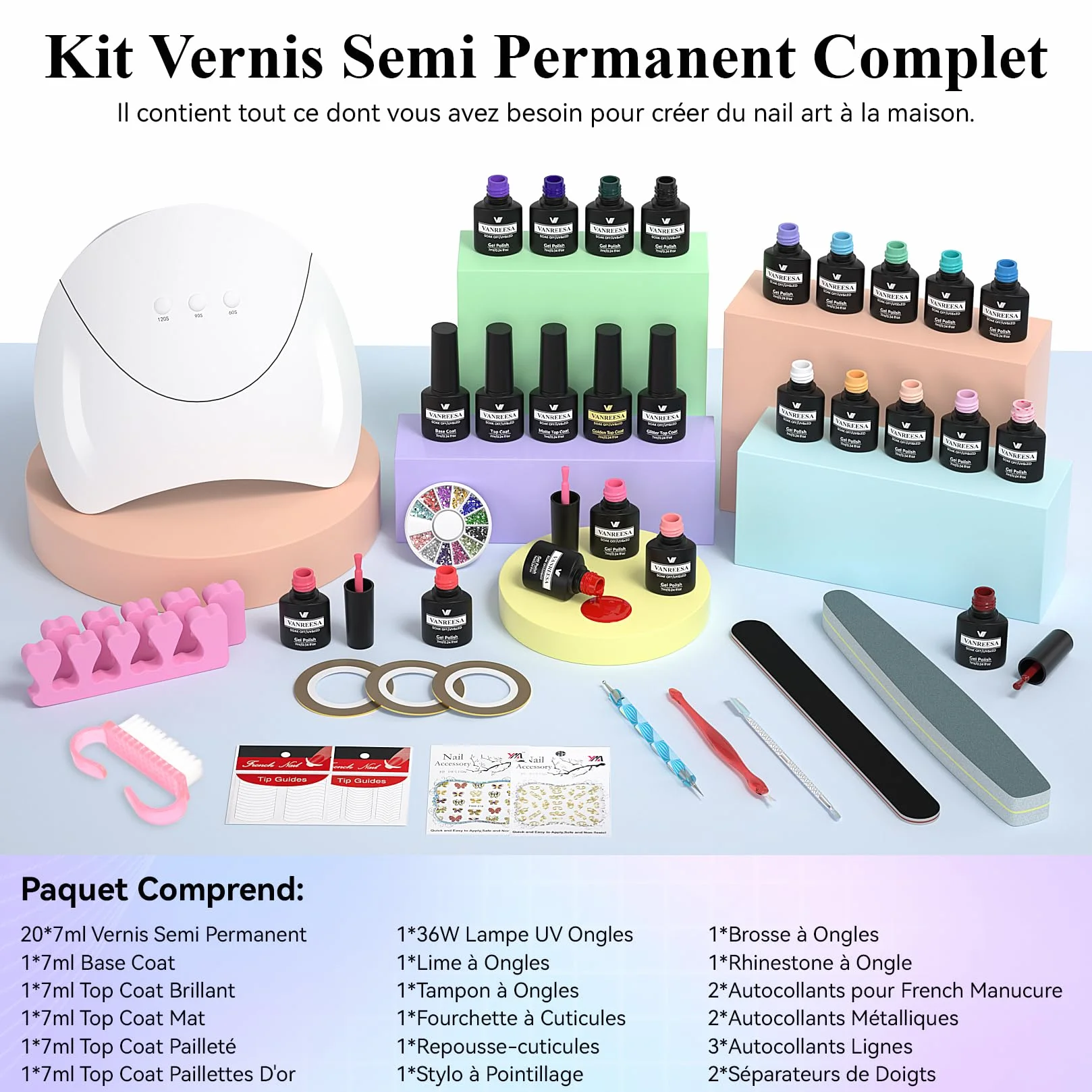 VANREESA Kit Vernis Semi Permanent 20 Couleurs avec Lampe LED 36W UV, Set Manucure Complet pour Débutants
