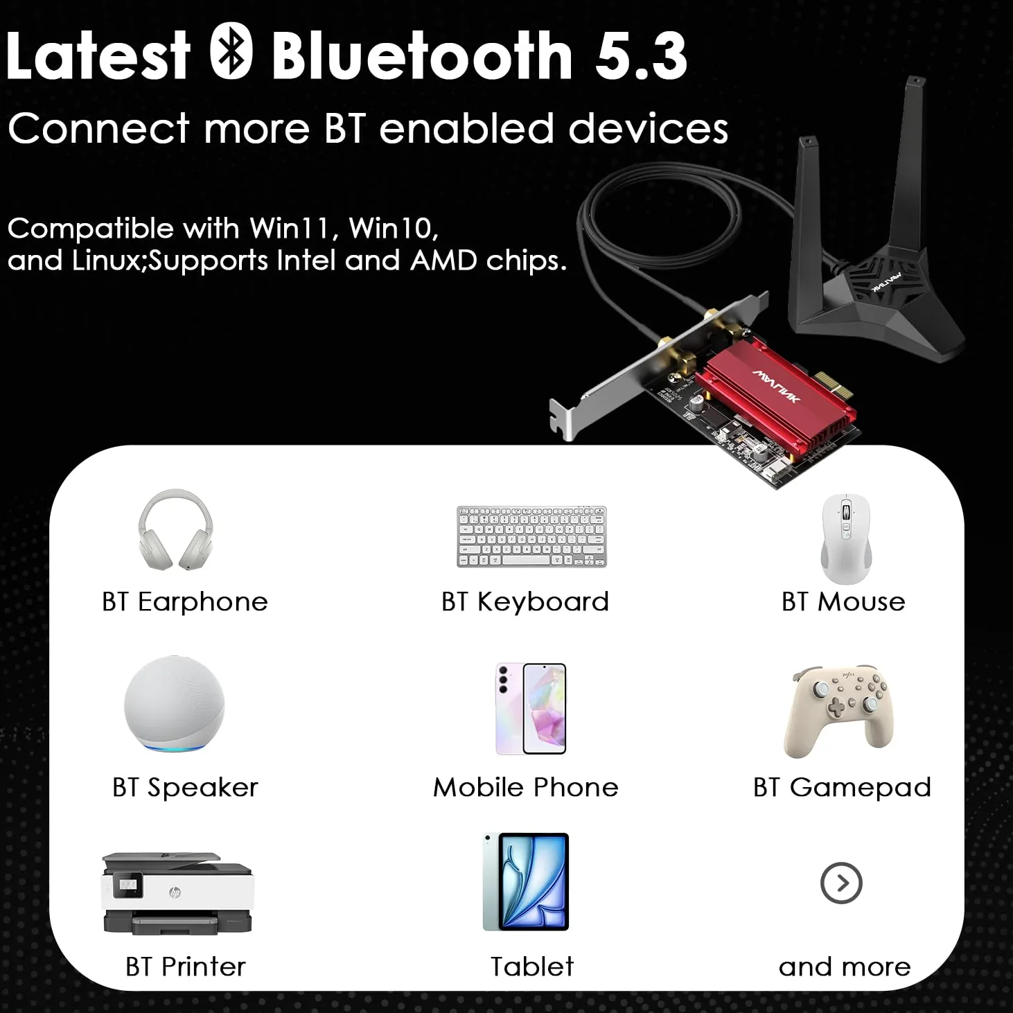WAVLINK AXE5400 Carte réseau WiFi 6E PCIe Tri-Band AX210 Adaptateur sans fil avec Bluetooth 5.3, MU-MIMO, WPA3, OFDMA, support à profil bas, dissipateur de chaleur, pour PC Windows 10/11
