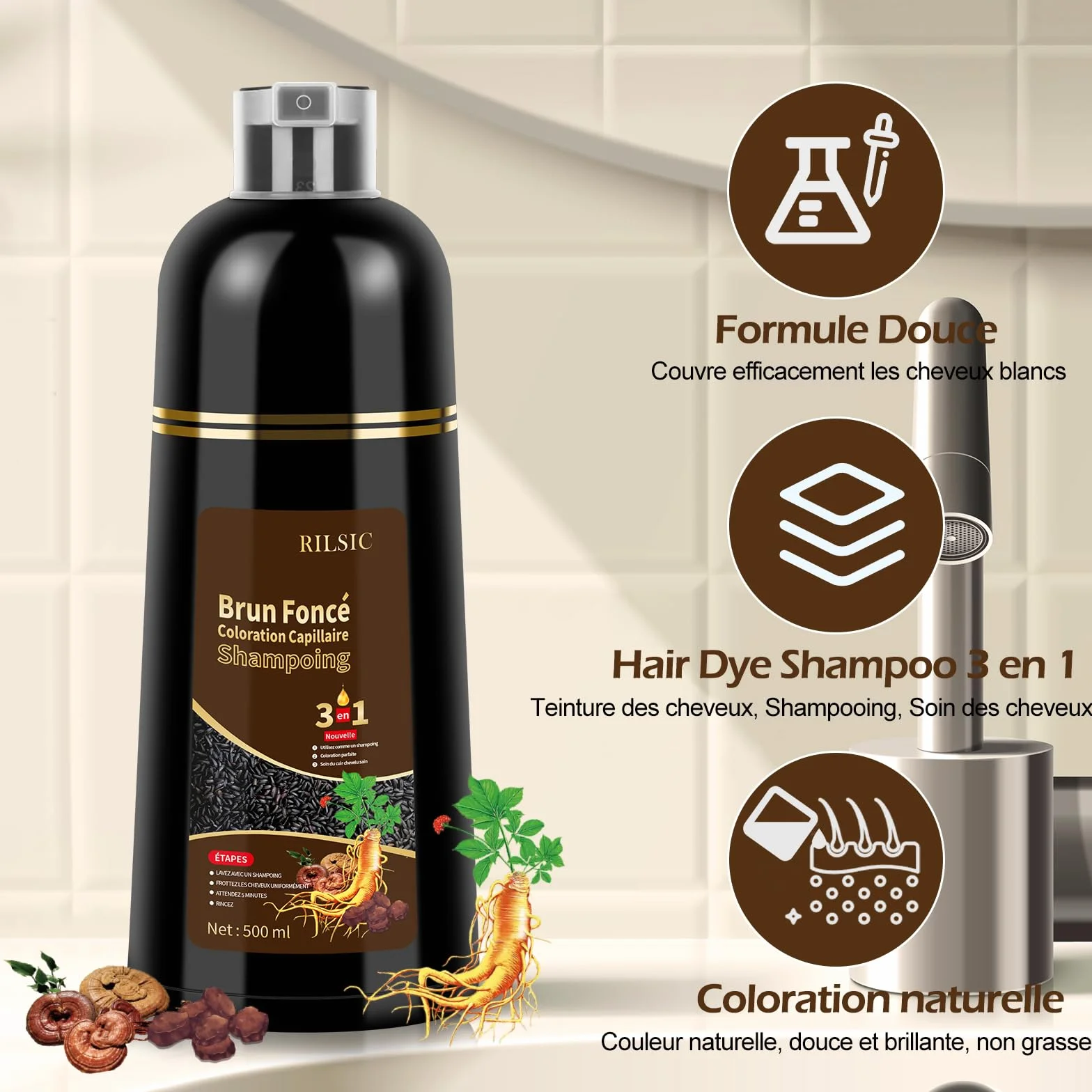 Shampoing Colorant Brun Foncé 3 en 1 pour Cheveux Blancs 500ml