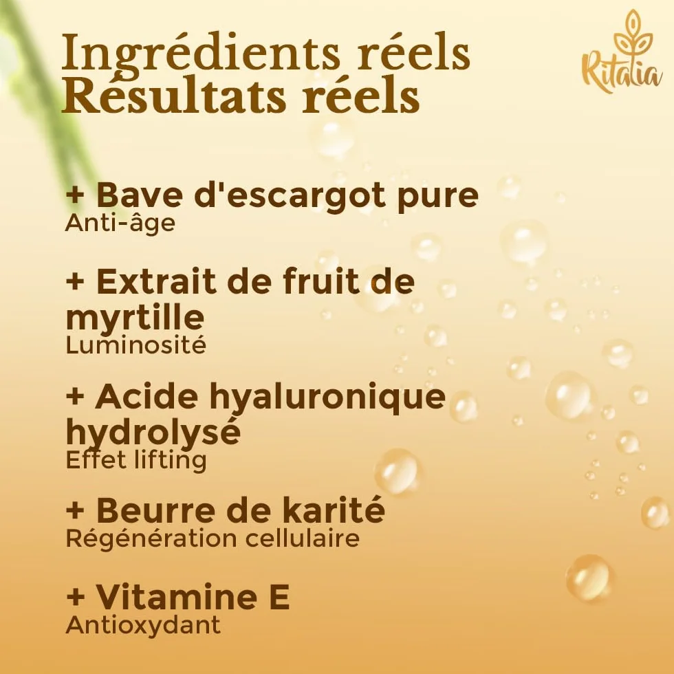 Crème visage Ritalia à la bave d'escargot 75% acide hyaluronique pur anti-rides hydratante 100 ml bio