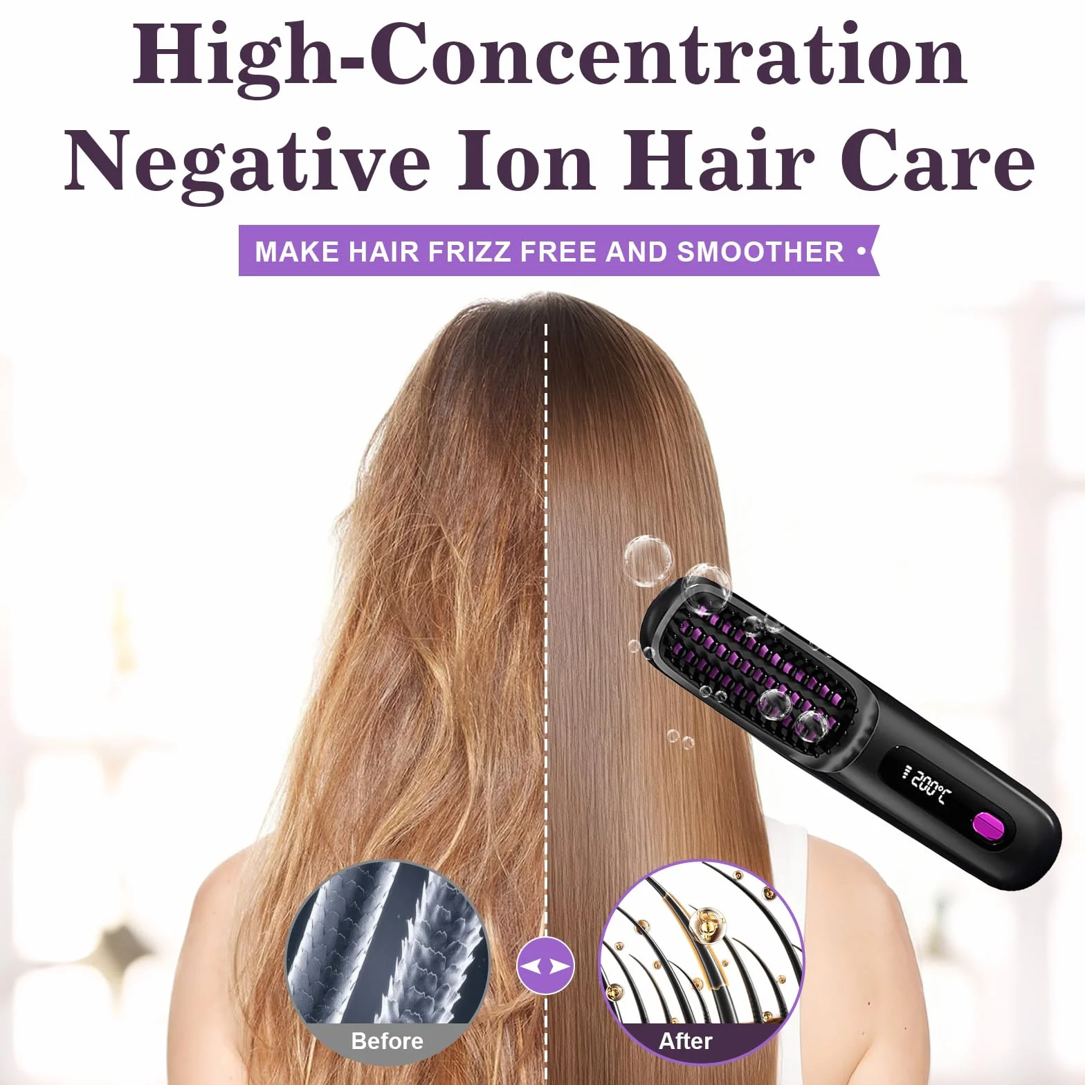 Brosse Lissante Sans Fil 4 en 1, Fer à Lisser Céramique Anti-Brûlure 3 Réglages avec Affichage LED