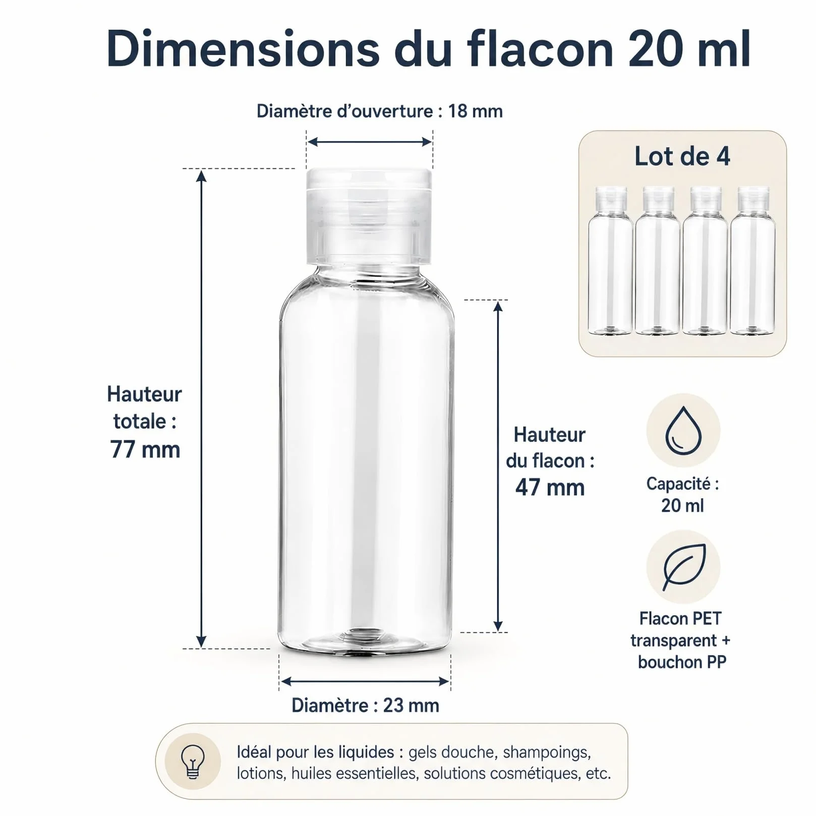 Kit de 4 Flacons de Voyage Vides Transparents 20 ml Plastique pour Cosmétiques Lotion Shampoing Gel Douche