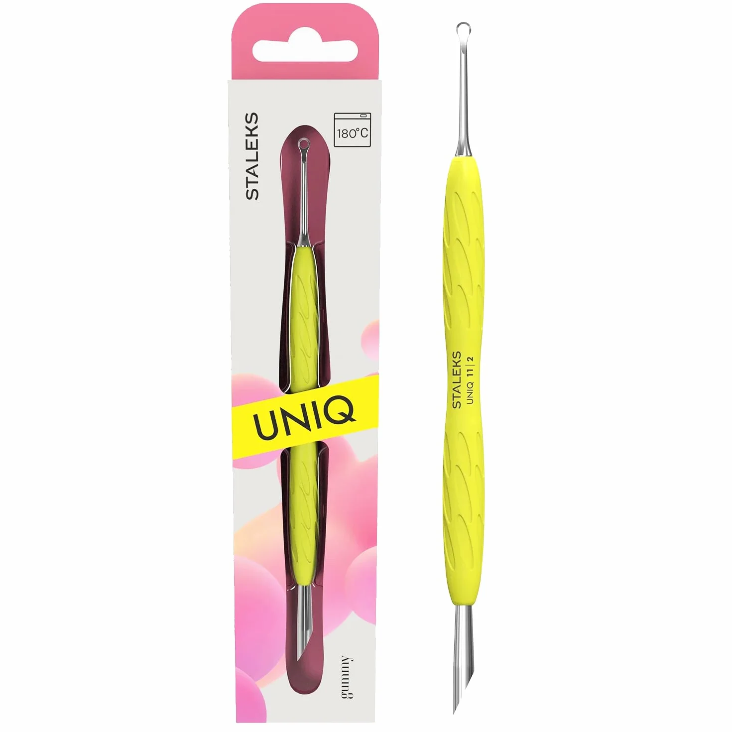 Staleks UNIQ PQ-11/2Y poussoir cuticules double professionnel manche silicone jaune acier inoxydable stérilisable