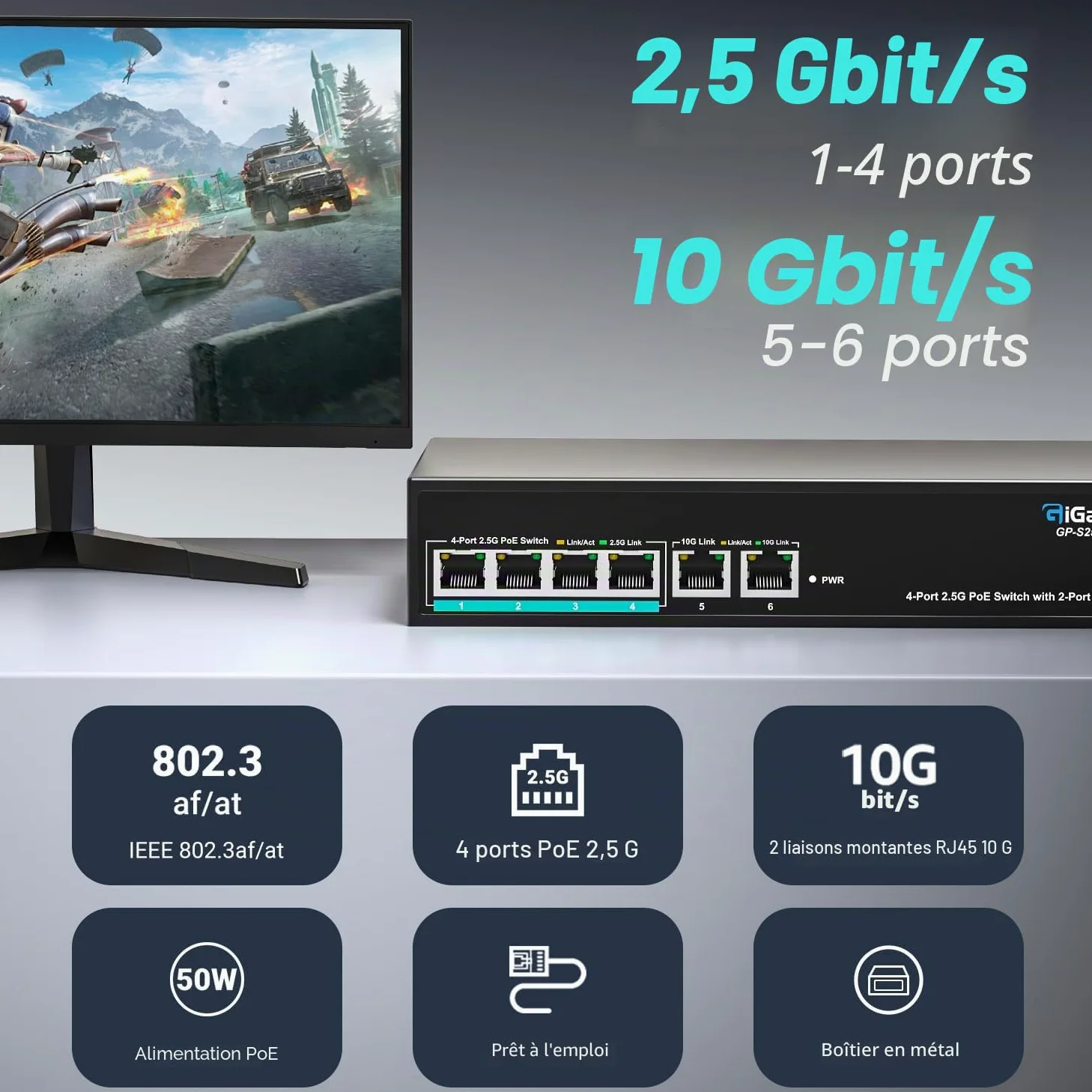 Switch Ethernet PoE Non administrable 6 Ports 10Gb avec 4 Ports PoE 2.5G Base-T et 2 Ports RJ45 10G. Capacité de Commutation de 60Gbit/s. Switch réseau GiGaPlus 10Gbit/s pour NAS/PC 2.5G/10Gbit/s