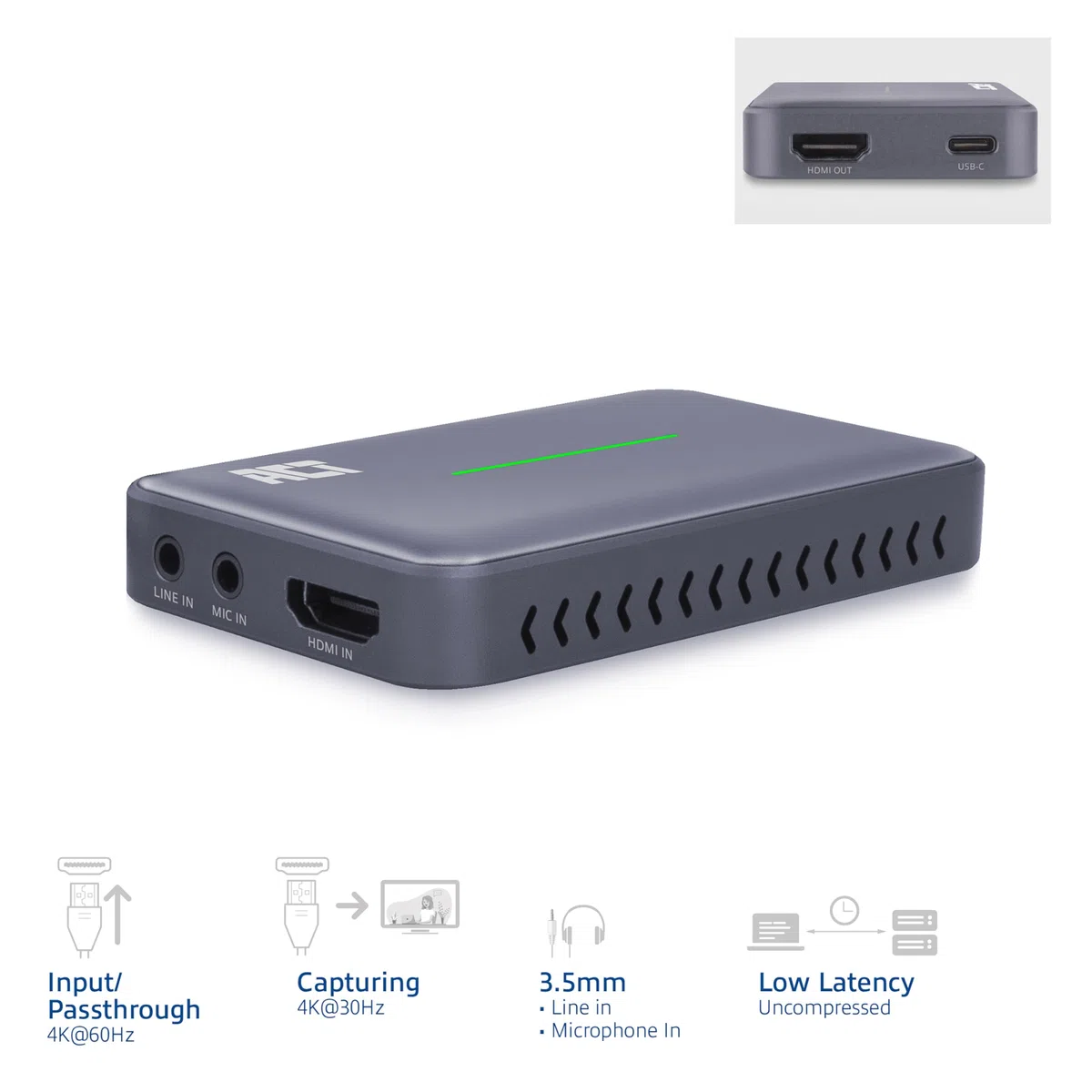 ACT Carte de Capture vidéo, 4K HDMI Loop-Out, HDMI Capture Card avec USB Type-C, Carte d'enregistrement vidéo Audio vidéo pour Streaming, Jeux PS5/Xbox/Switch/Twitch/YouTube/OBS - AC7600