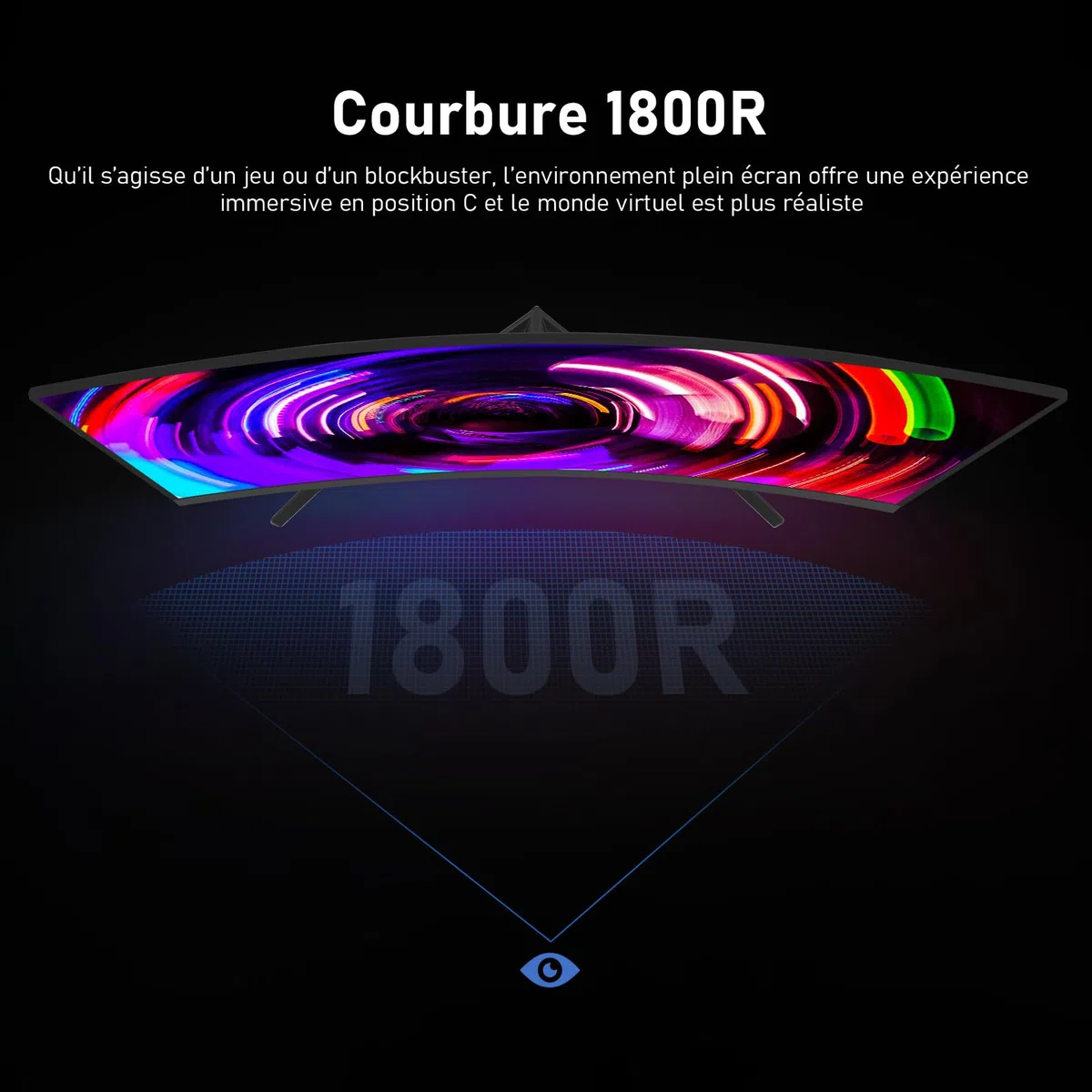 Gawfolk Écran PC 32 Pouces,2K WQHD(2560×1440P),165Hz incurvé Gaming Moniteur, 1ms sans Lunette, 100% sRGB，178 ° Angle Vue HDMI、DisplayPort, Compatible avec Mural VESA100*100MM - Noir
