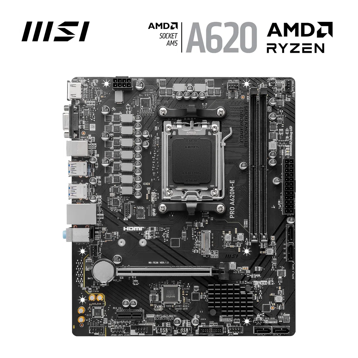MSI Pro A620M-E Carte Mère Micro-ATX, pour Processeurs AMD Ryzen Série 7000, AM5 - DDR5 Memory Boost 6400+MHz/OC, 1 x PCIe 4.0 x16, 1 x M.2 Gen4