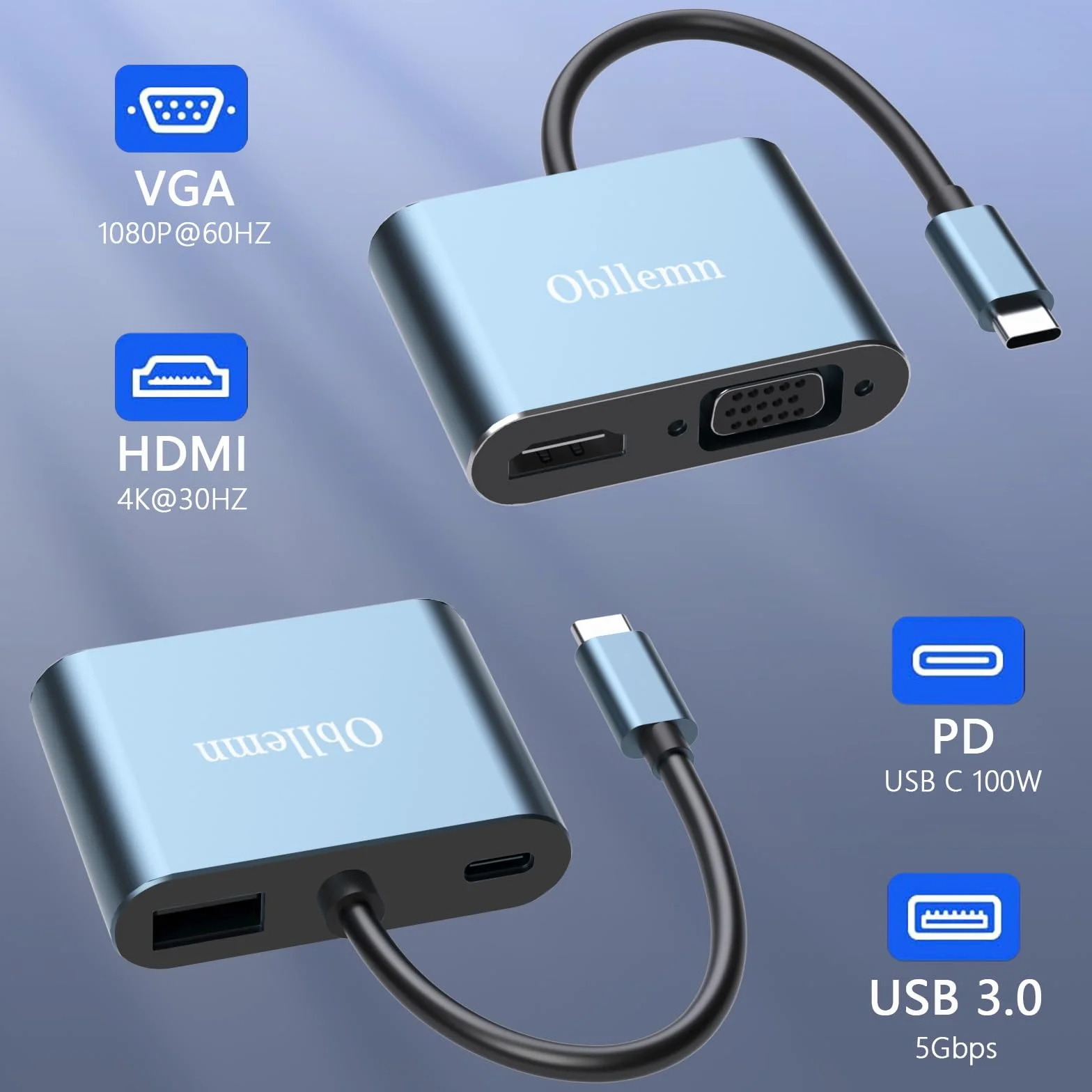Adaptateur USB C vers VGA Hub 4 en 1 Type C HDMI 4K 30Hz USB 3.0 PD100W pour MacBook Pro Air Chromebook Dell XPS
