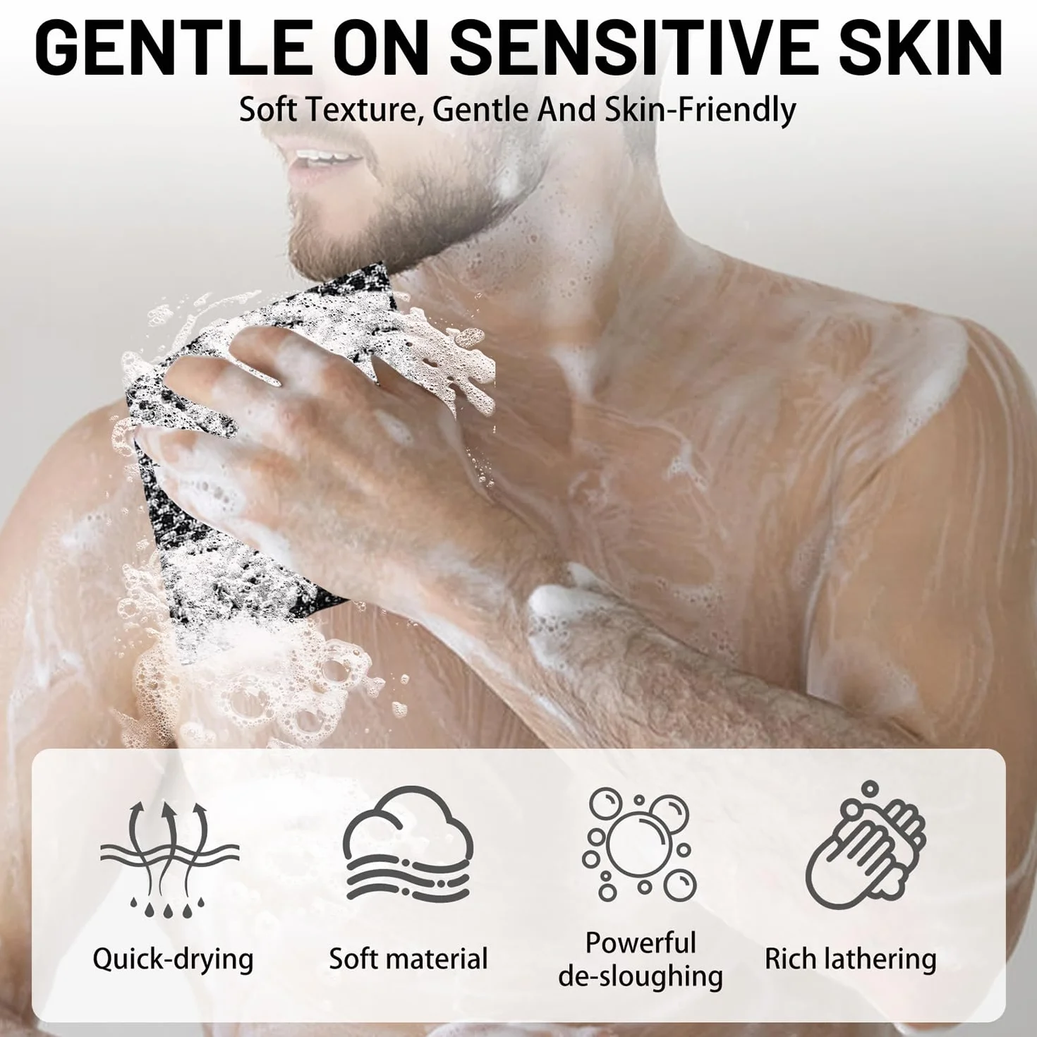 Serviettes Exfoliantes Lot de 3, Serviette de Douche Antibactérienne Longue, Gommage Corps Noir