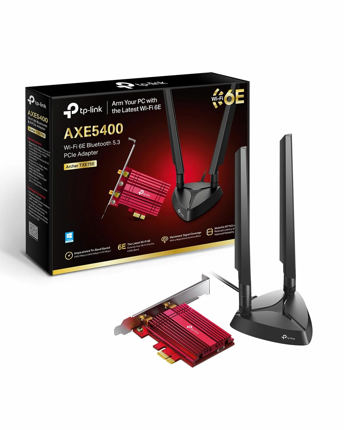 TP-Link Carte WiFi 6E PCIe AXE5400 avec Bluetooth 5.3, Archer TXE75E | Tri-bande 6 GHz, base magnétique, faible latence, idéal gaming/streaming 8K/télétravail, compatible Windows 10 et 11