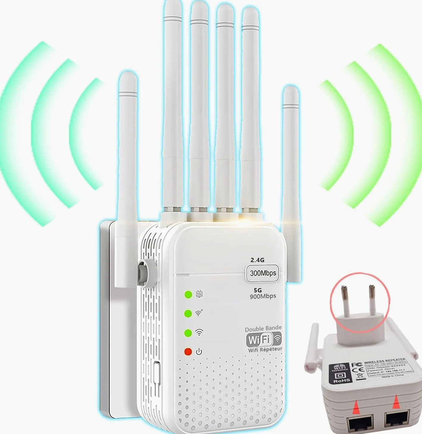 Répéteur WiFi, amplificateur WiFi, répéteur WiFi Longue portée, Couverture de la Maison jusqu'à,Facile à configurer avec 2 Port Ethernet et Mode AP