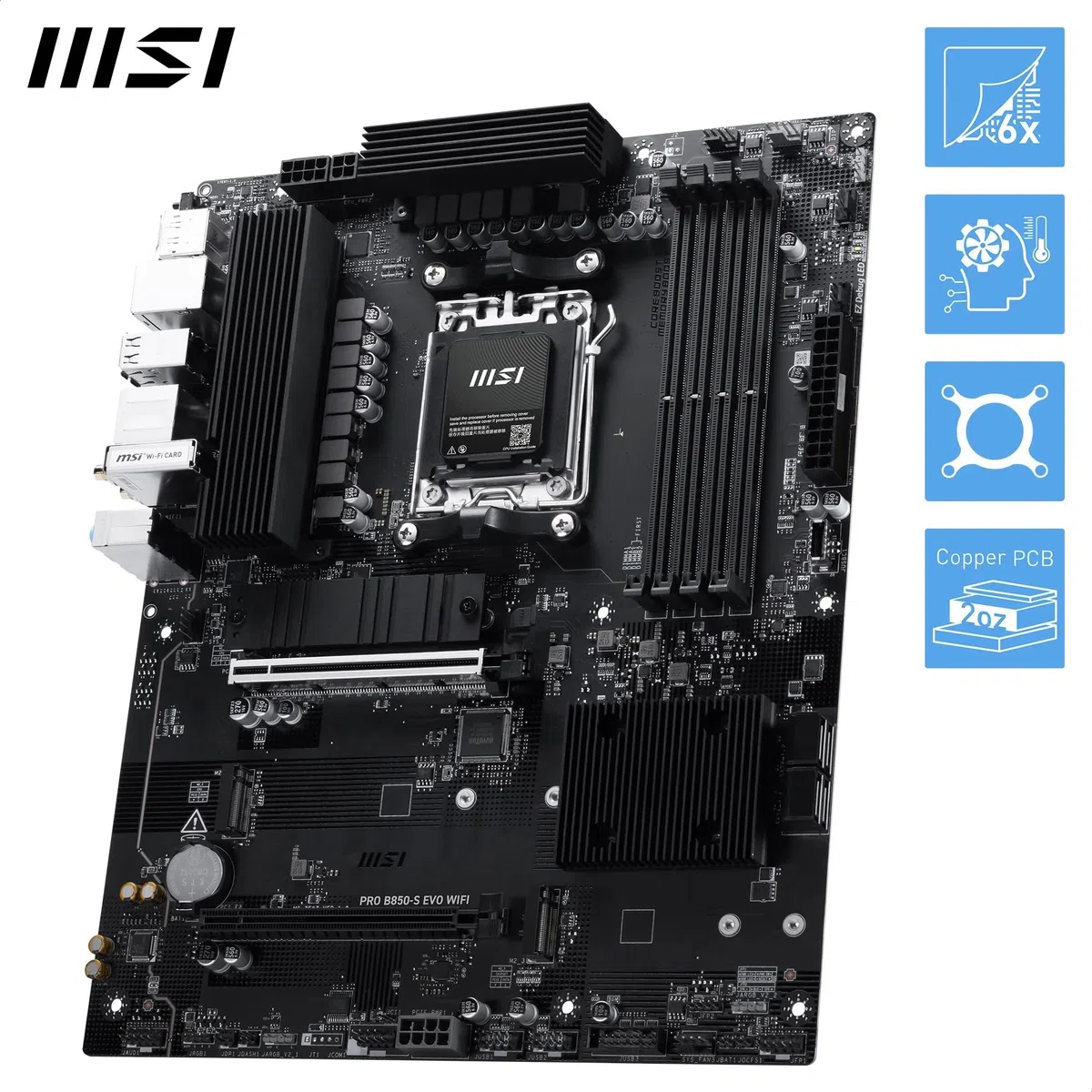 MSI Pro B850-S Evo WiFi Carte mère, ATX - pour processeurs AMD Ryzen 9000/8000 / 7000, AM5 - DDR5 Memory Boost (OC jusqu'à 8200+MT/s), PCIe 5.0 x16 et 4.0 x4, M.2 Gen5, Wi-FI 7, 5G LAN