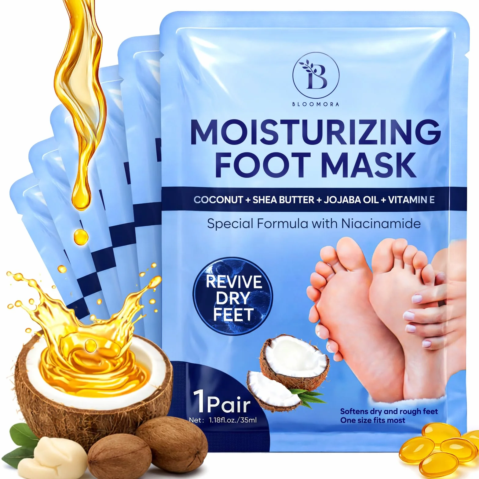 Masque Pieds Hydratant à la Noix de Coco, Soin au Beurre de Karité, Huile de Jojoba et Vitamine E, 6 Paires