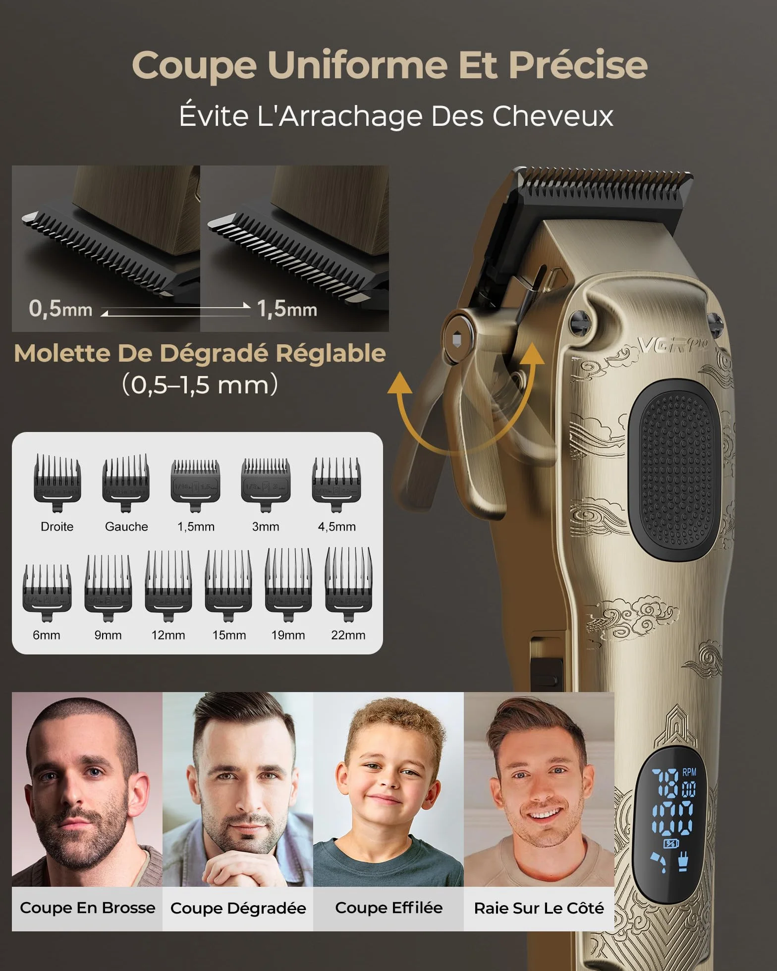 VGRPRO Tondeuse Cheveux Hommes Sans Fil Imperméable Rasoir Barbe 4 Vitesses LED