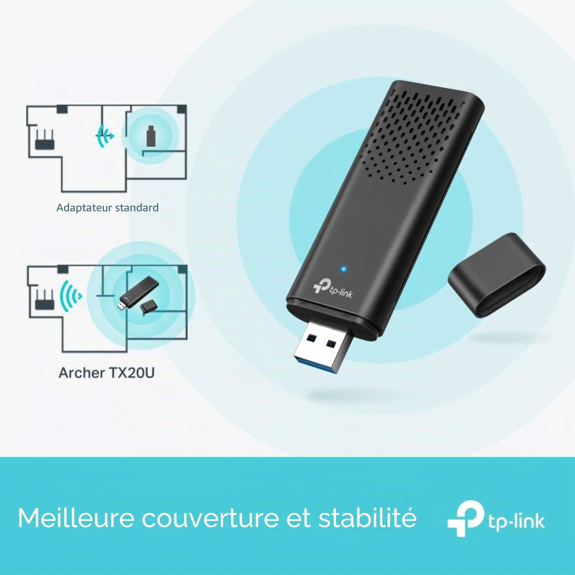 TP-Link Archer TX20U Clé WiFi AX1800 sans Fil Wi-FI 6 USB pour PC/Ordinateur Portable, dongle Wi-FI Double Bande USB 3.0 SuperSpeed, MU-MIMO, Latence Plus Faible, WPA3 hautement sécurisé, Prend en