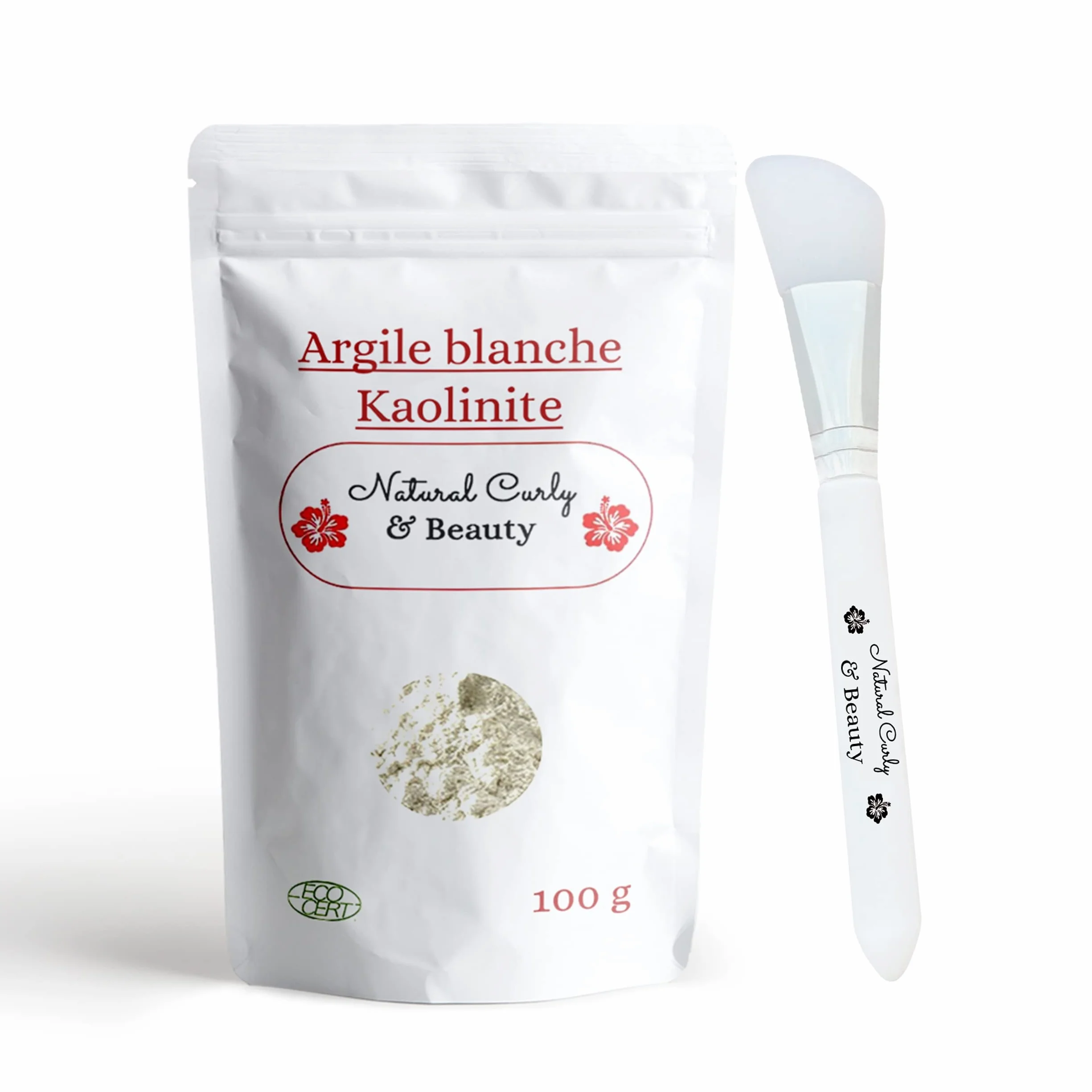 Argile blanche kaolin certifiée Eco-Cert avec pinceau applicateur masque en silicone visage corps cheveux