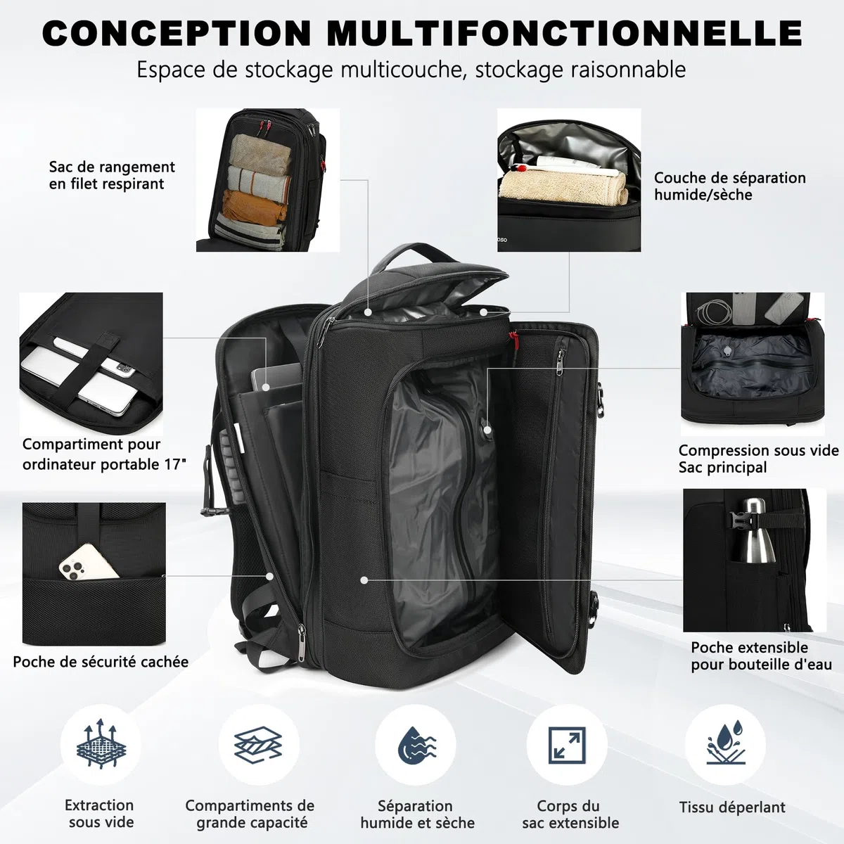 sac de voyage sous vide, 60 L extensible sac a dos compression sous vide, sac à dos pour ordinateur portable 17 pouces,sac a dos voyage cabine avion sous vide avec pompe, noir