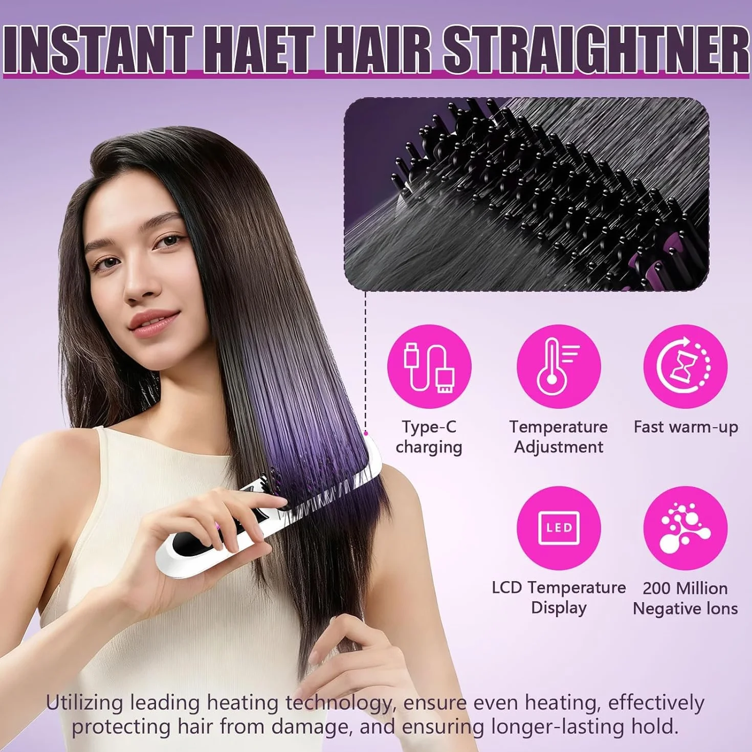 Brosse Lissante Sans Fil Portable Rechargeable Revêtement Céramique 3 Niveaux Température