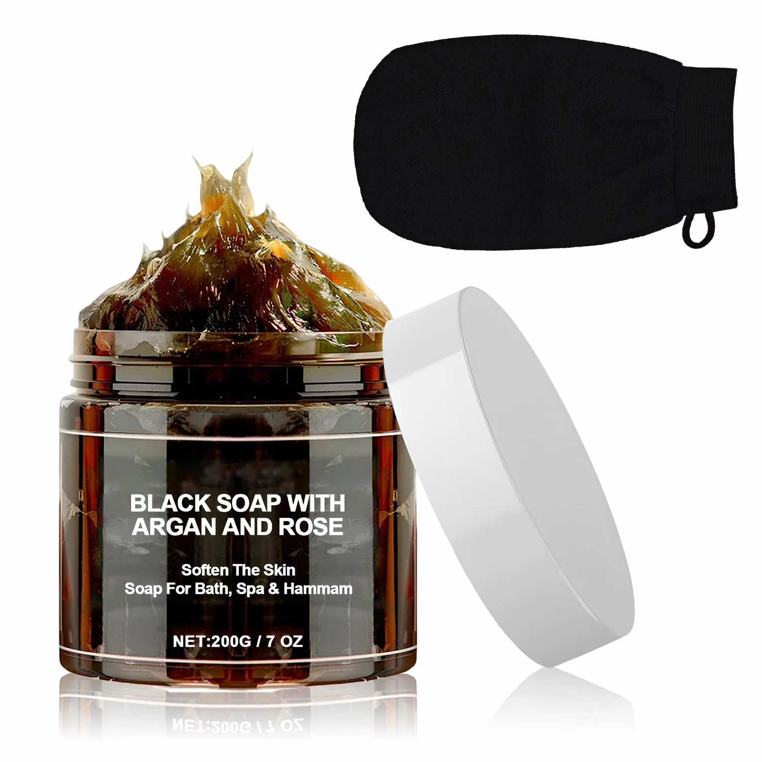 Savon Noir Marocain à l'Argan et à la Rose avec Gant Exfoliant pour Corps