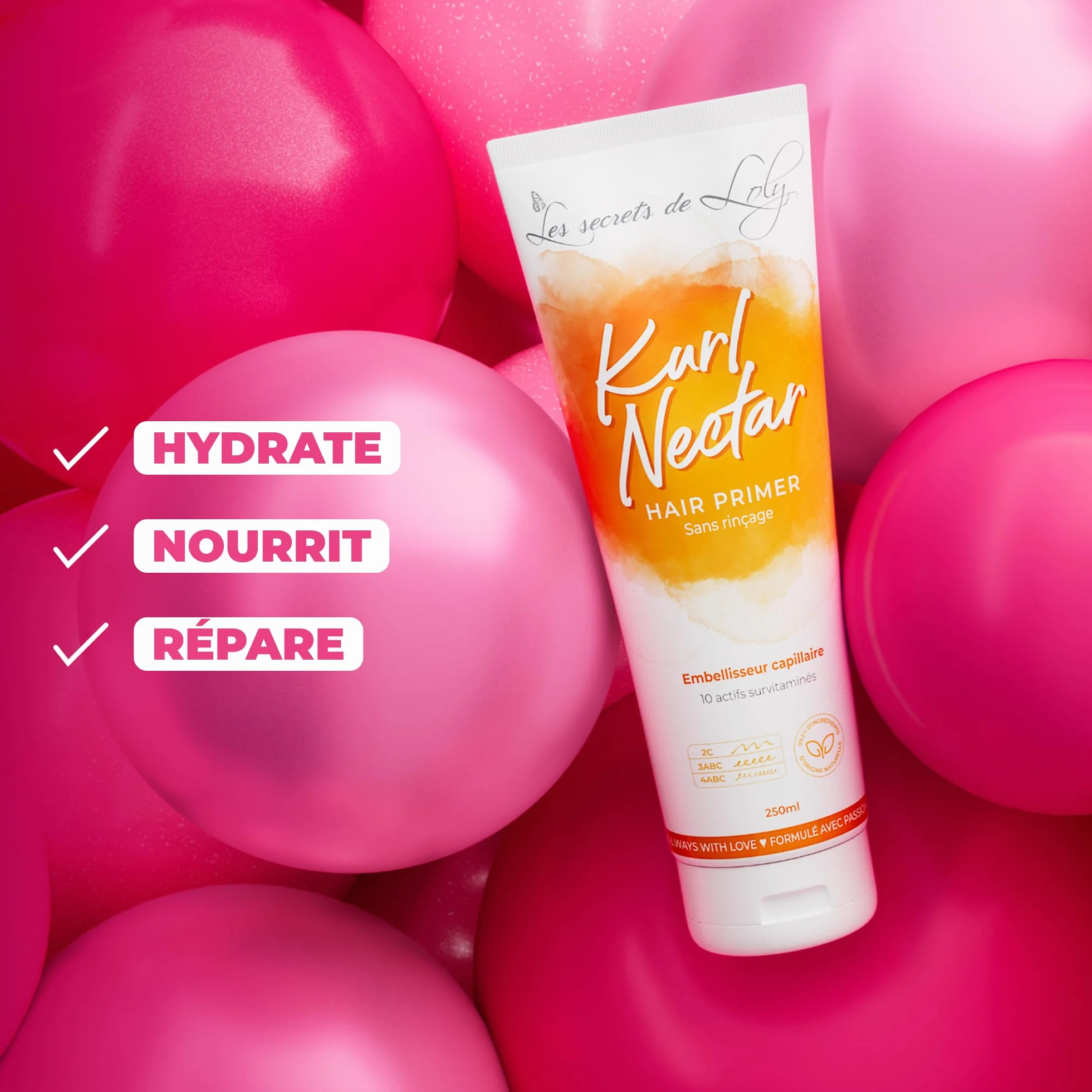Les Secrets de Loly Kurl Nectar Leave-in Crème Sans Rinçage Réparateur Hydratant Anti-Frisottis Cheveux Bouclés Frisés Crépus 96% Naturelle 250 ml