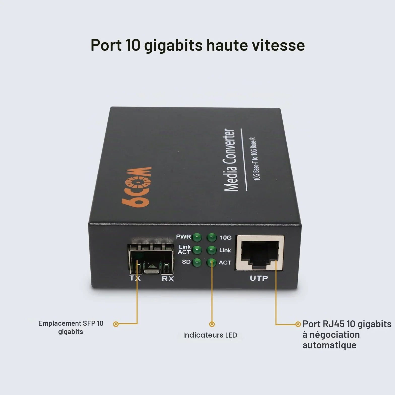 Convertisseur de média en fibre 10G, non géré 1 emplacement RJ45 à négociation automatique 1 000 M/2,5 G/5 G/10 GBase-T vers 1 fente SFP+ 10GBase-X, prend en charge l'émetteur-récepteur